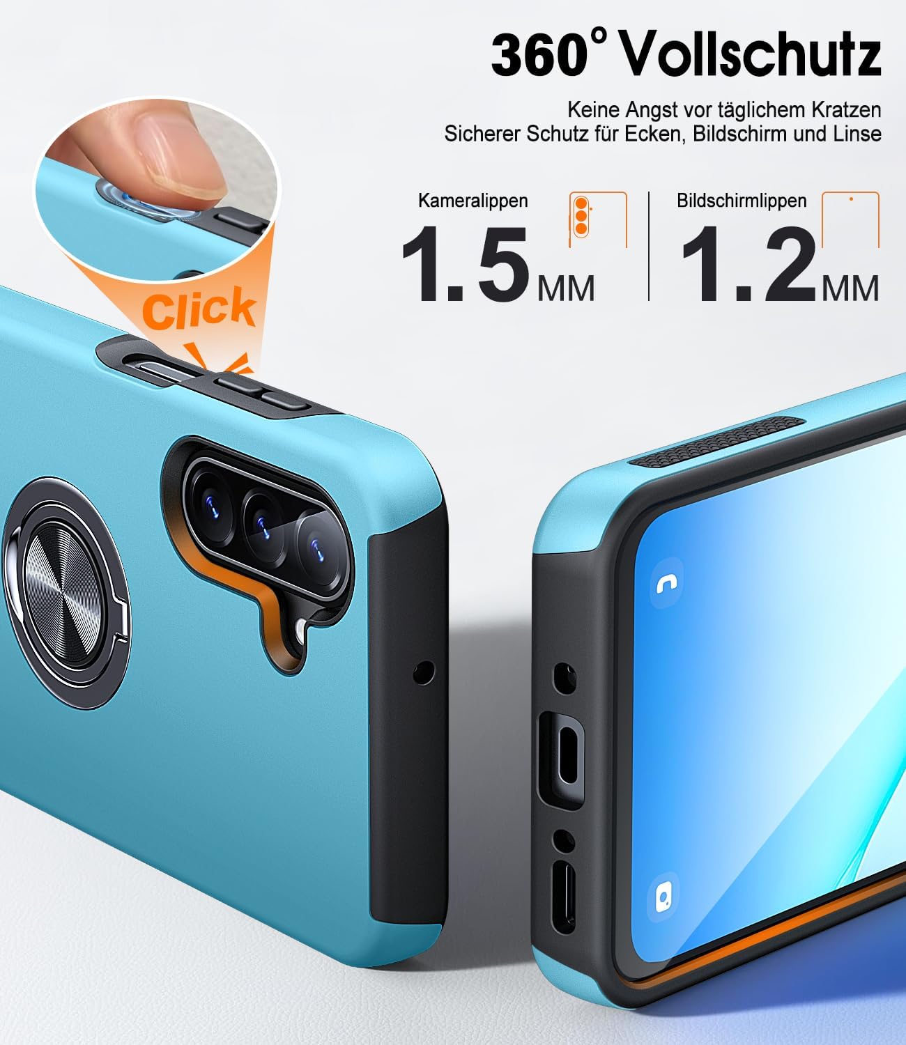 Detalle de AOUIA Hülle für Samsung Galaxy A17 5G – 2 Panzerfolien, 360° Ringständer, Militärschutz, Sierra Blau