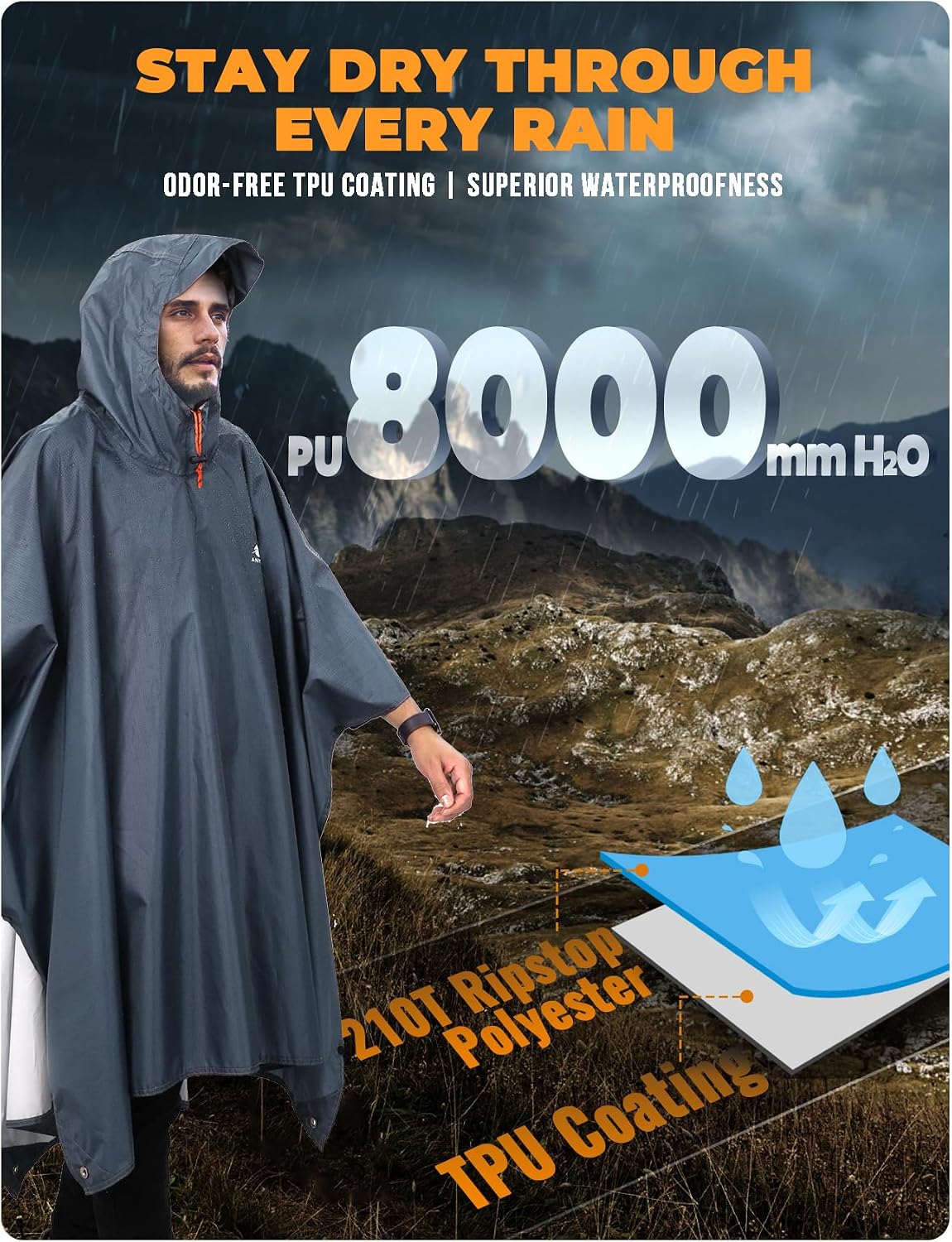 Thumbnail 2 de ANYOO Leichter wasserdichter Regenponcho – Wiederverwendbar, atmungsaktiv, mit Kapuze