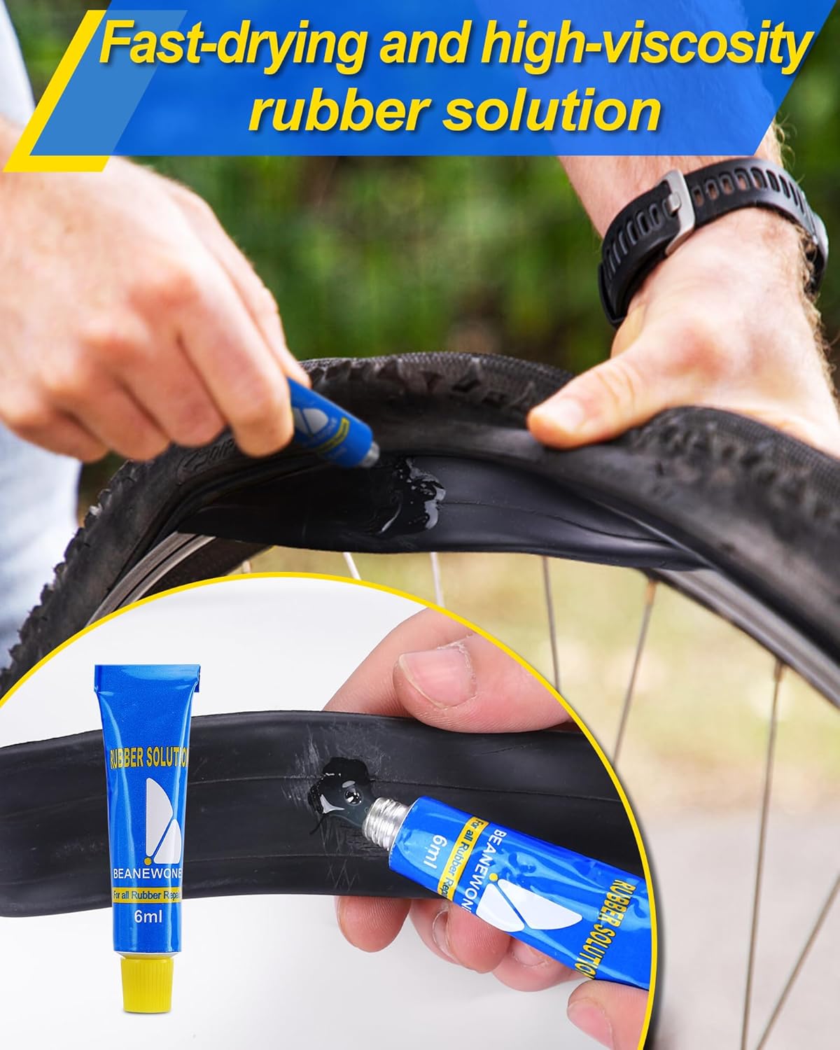 Detalle de Beanewone Puncture Repair Kit – Portable Bike Tyre Kit with 18 Patches, 2 Rubber Solutions, Levers and Rasp