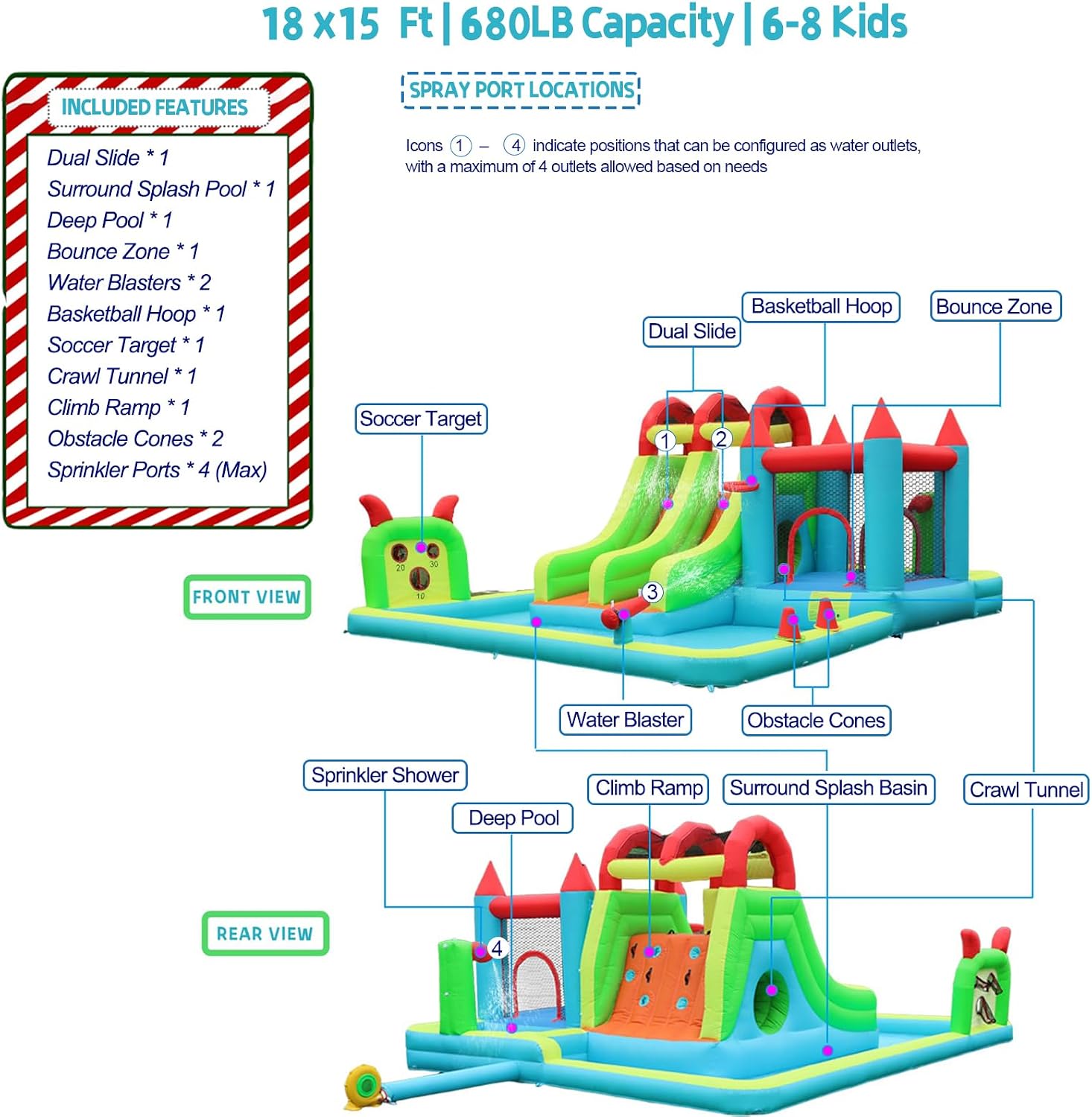 Detalle de JOOLOOG Inflatable Water Slide Park 18x15FT Mega Water Park