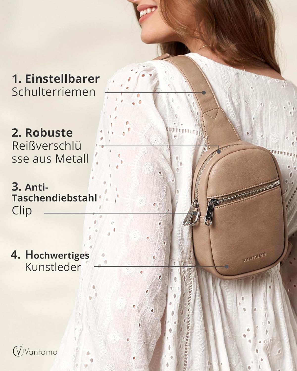 Thumbnail 4 de Vantamo Damen-Umhängetasche mit RFID-Blockierung & Anti-Taschendiebstahl-Clip