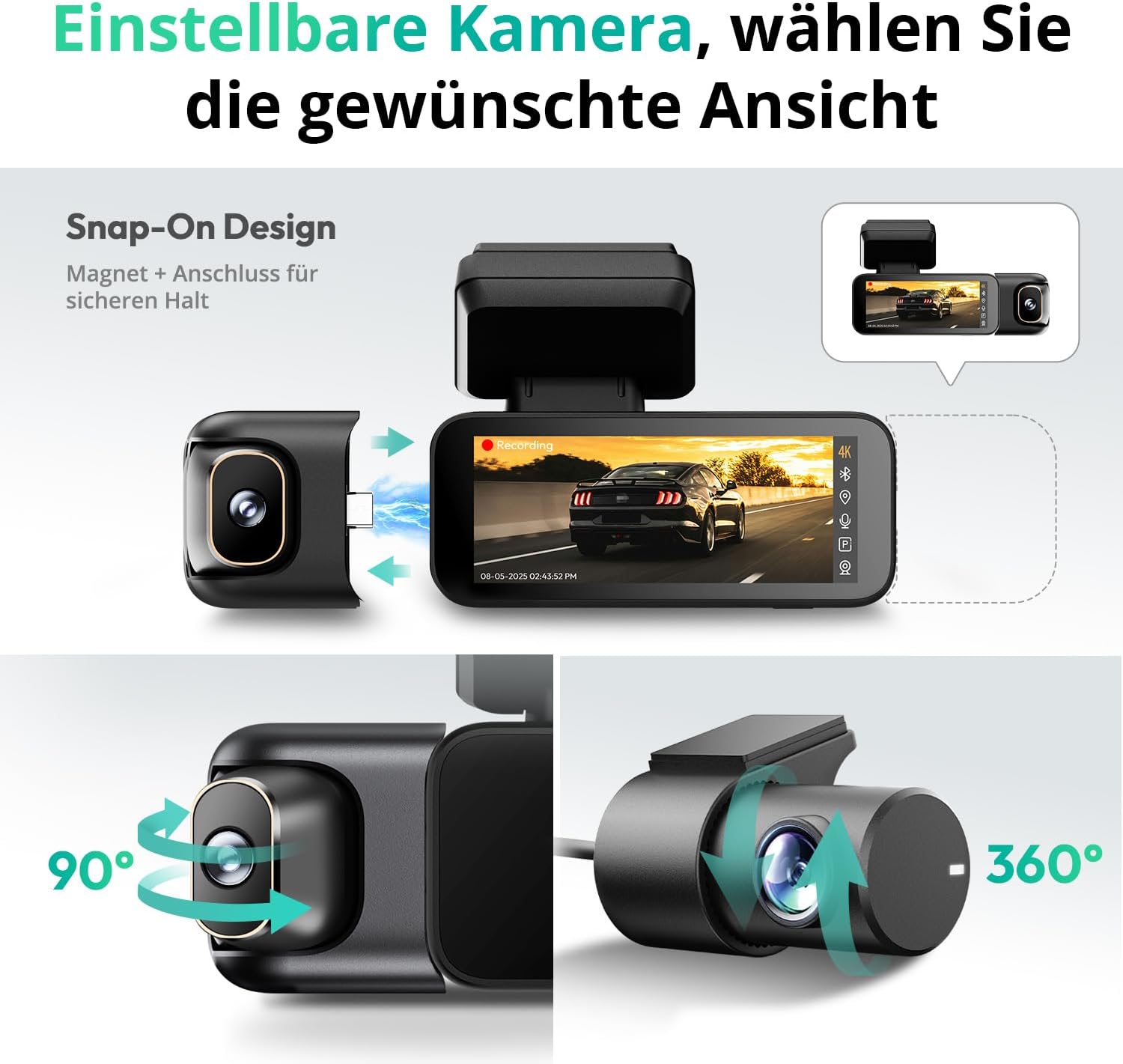 Thumbnail 2 de BOTSLAB 4K 3-Kanal Dashcam Auto mit Parküberwachung, GPS und 128 GB SD Karte – Front 4K, Innen- und Heck 1080p