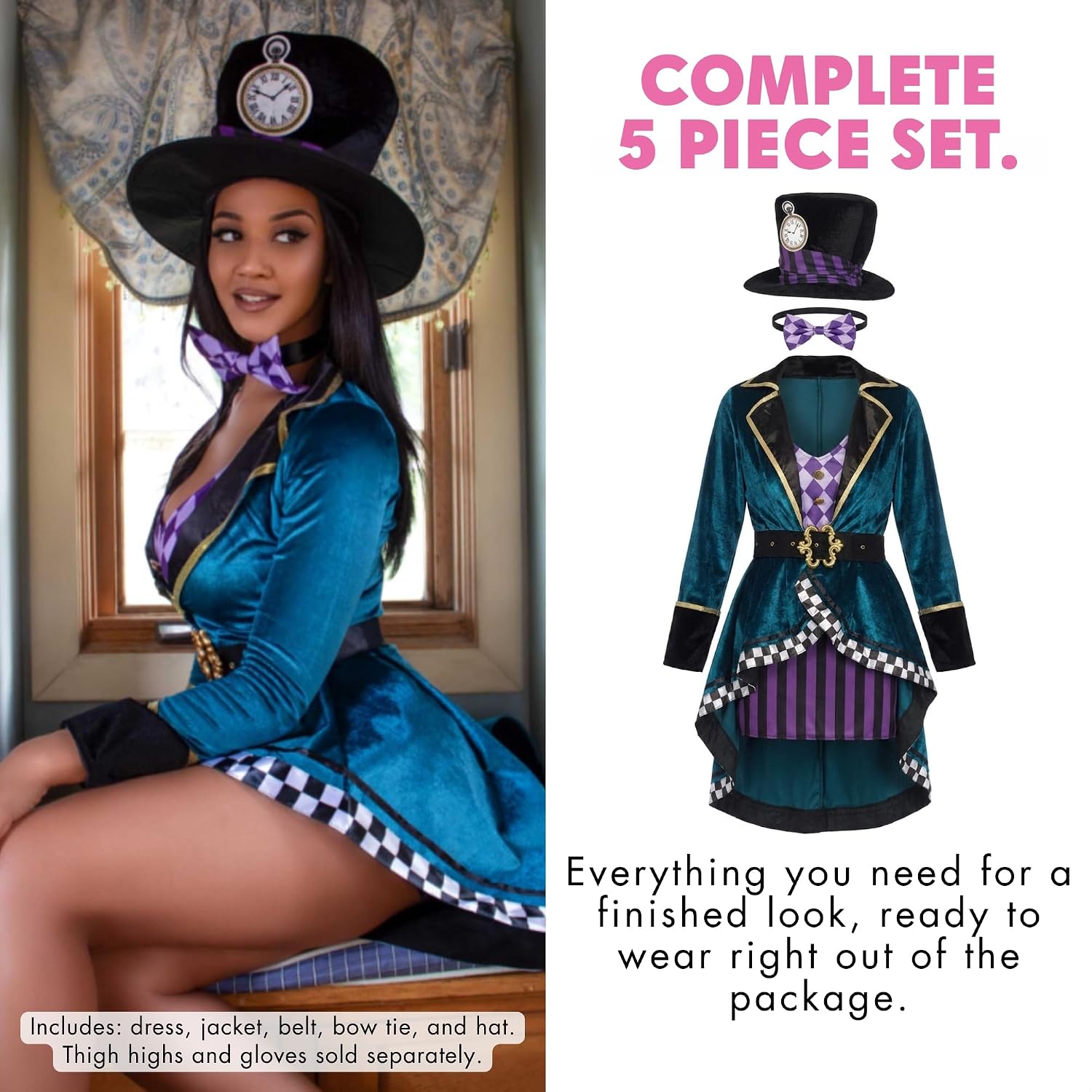 Detalle de Leg Avenue Mad Hatter Costume with Dress, Jacket, Belt, Bow Tie and Hat