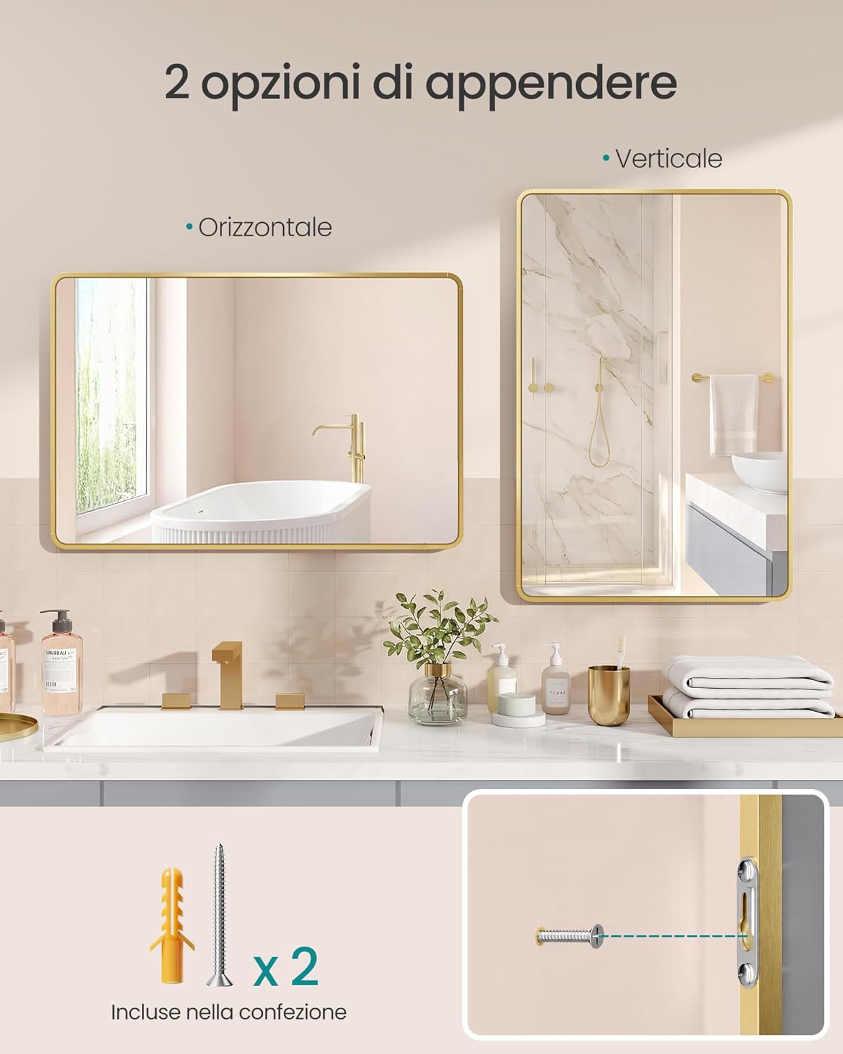 Thumbnail 5 de SONGMICS Specchio Bagno Rettangolare LWM010AB01 – Cornice in Alluminio, 91 x 61 cm, sospensione orizzontale/verticale, vetro temperato con pellicola di sicurezza