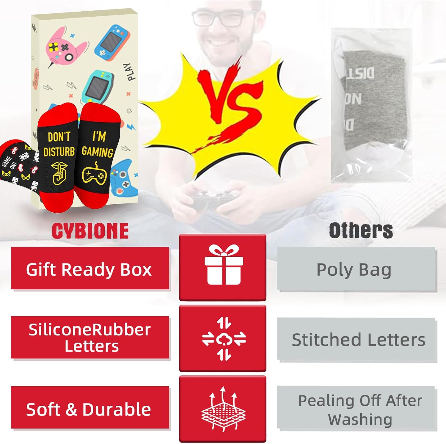 Thumbnail 2 de CYBIONE Novelty Sock Red1 grappige gamersokken met rubberen gripprint