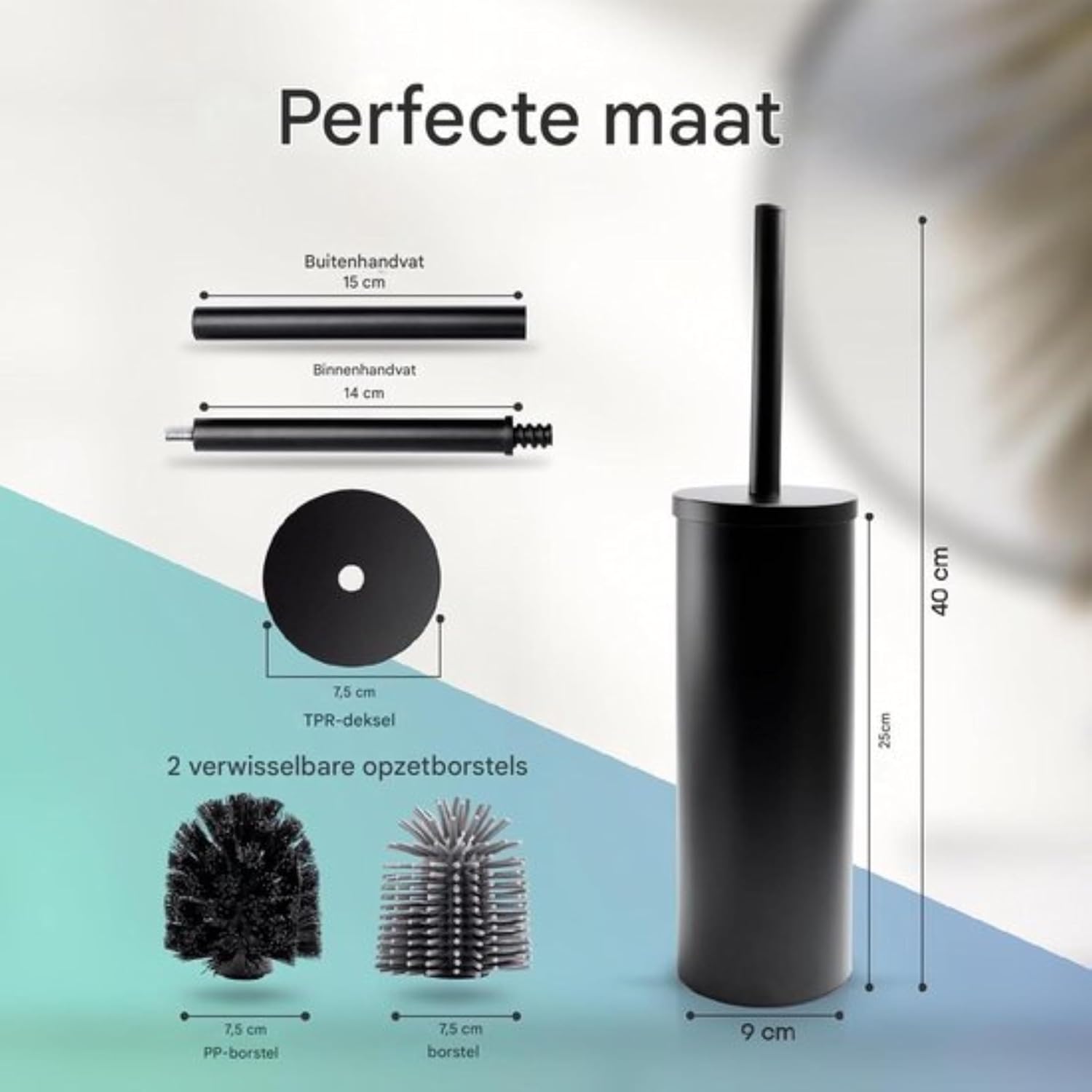 Detalle de DITI toiletborstel met houder en 2 borstelkoppen, RVS en zwart silicone