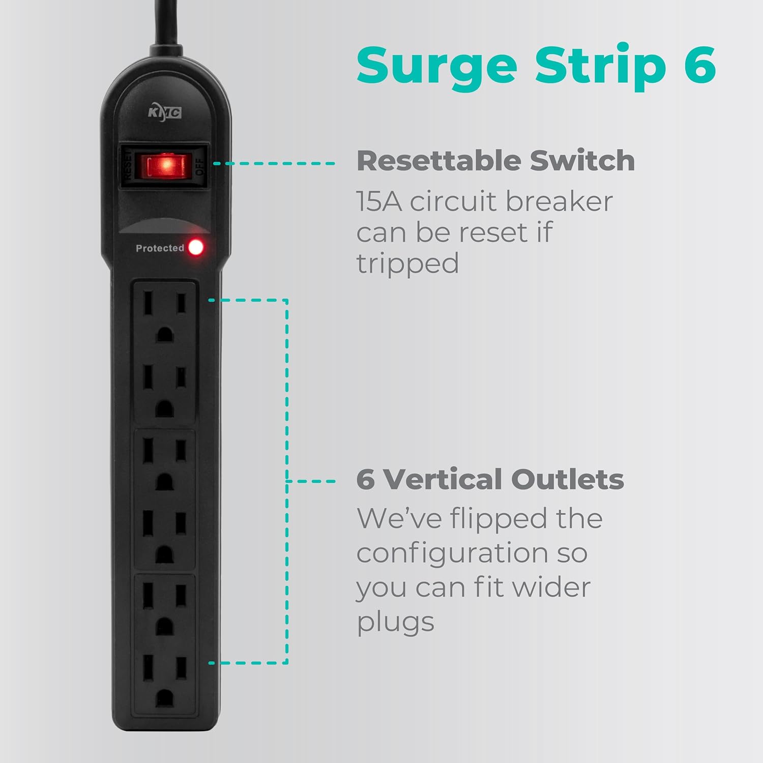 Detalle 2 de KMC 6-Outlet Surge Protector Power Strip (2-Pack) with 4-Foot Extension Cord, 900-Joule Protection