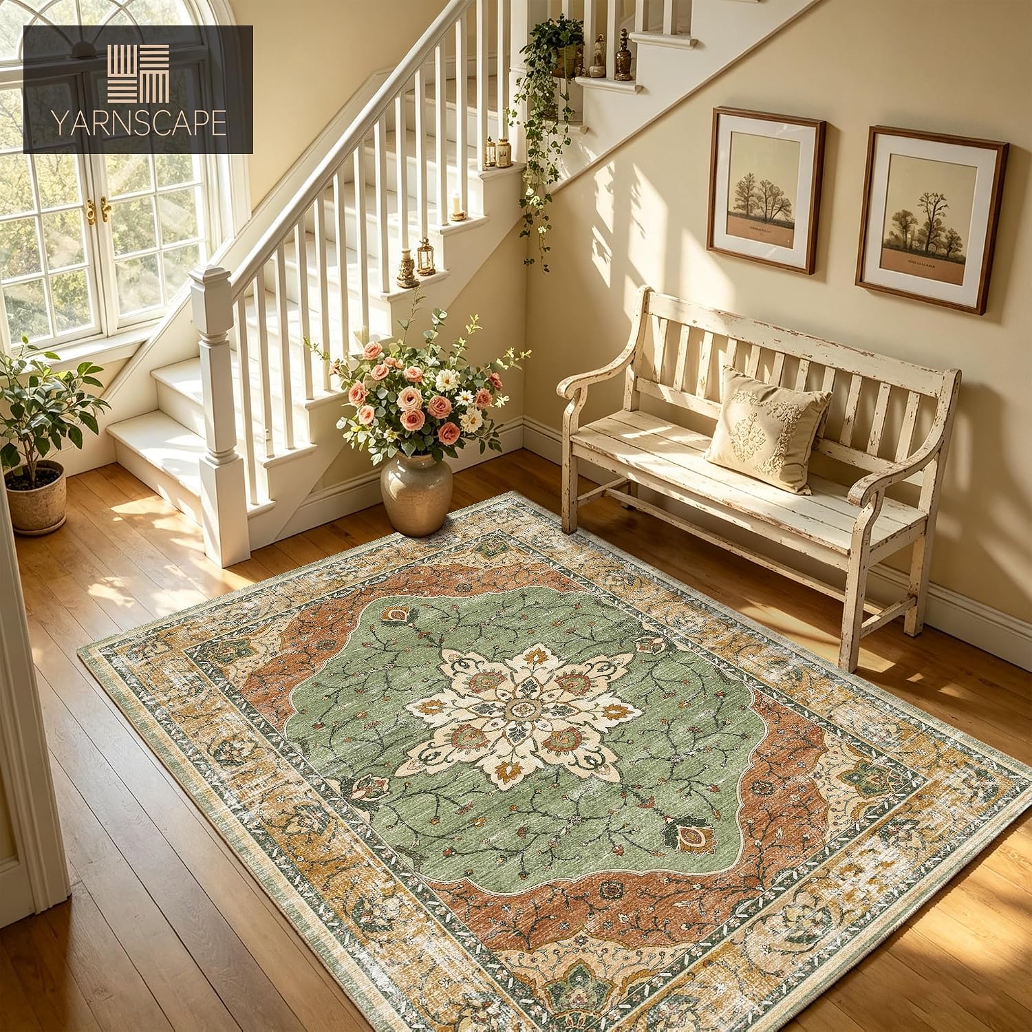 Detalle de YARNSCAPE Area-Rug 5' x 7' Washable Low-Pile Rug, Non-Slip, Sage Green
