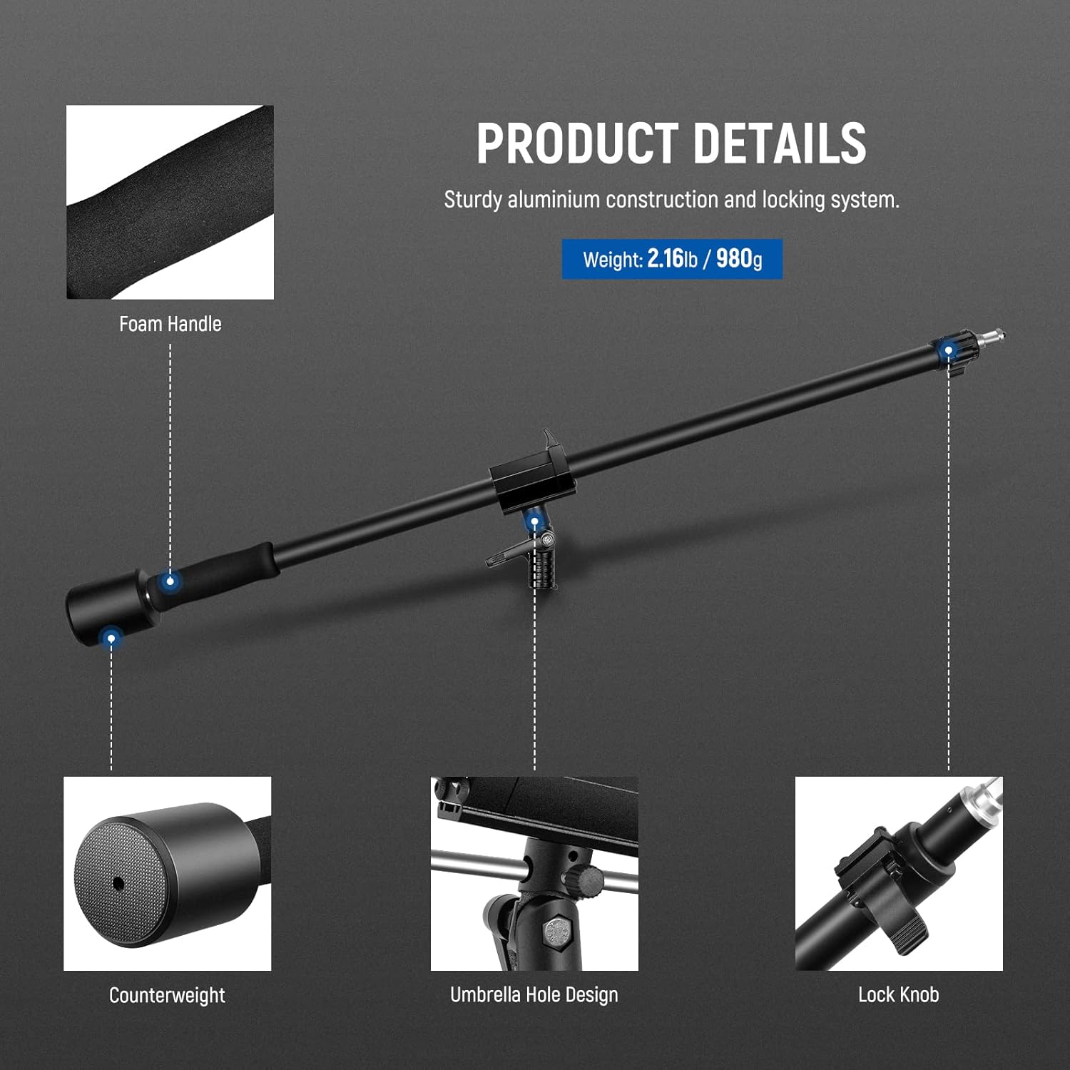 Detalle de NEEWER perche pour trépied 89 à 155 cm avec contrepoids 1,5 kg et sac de sable, vis 1/4 compatible softbox et flash