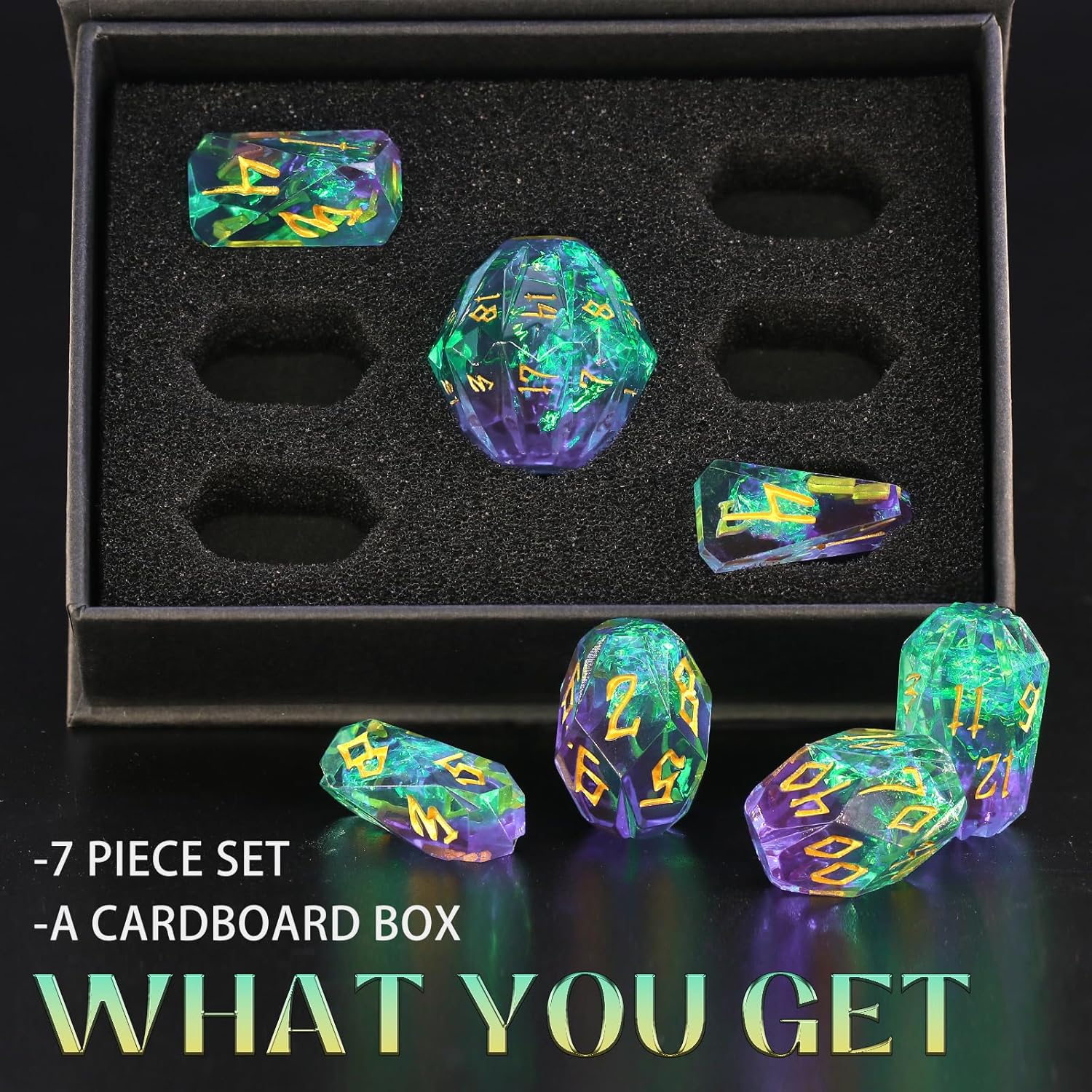 Detalle 2 de FONVGOGO DND Würfel Set Harz – 7‑teiliges Polyedrisches DND Dice Set in Grün und Gold