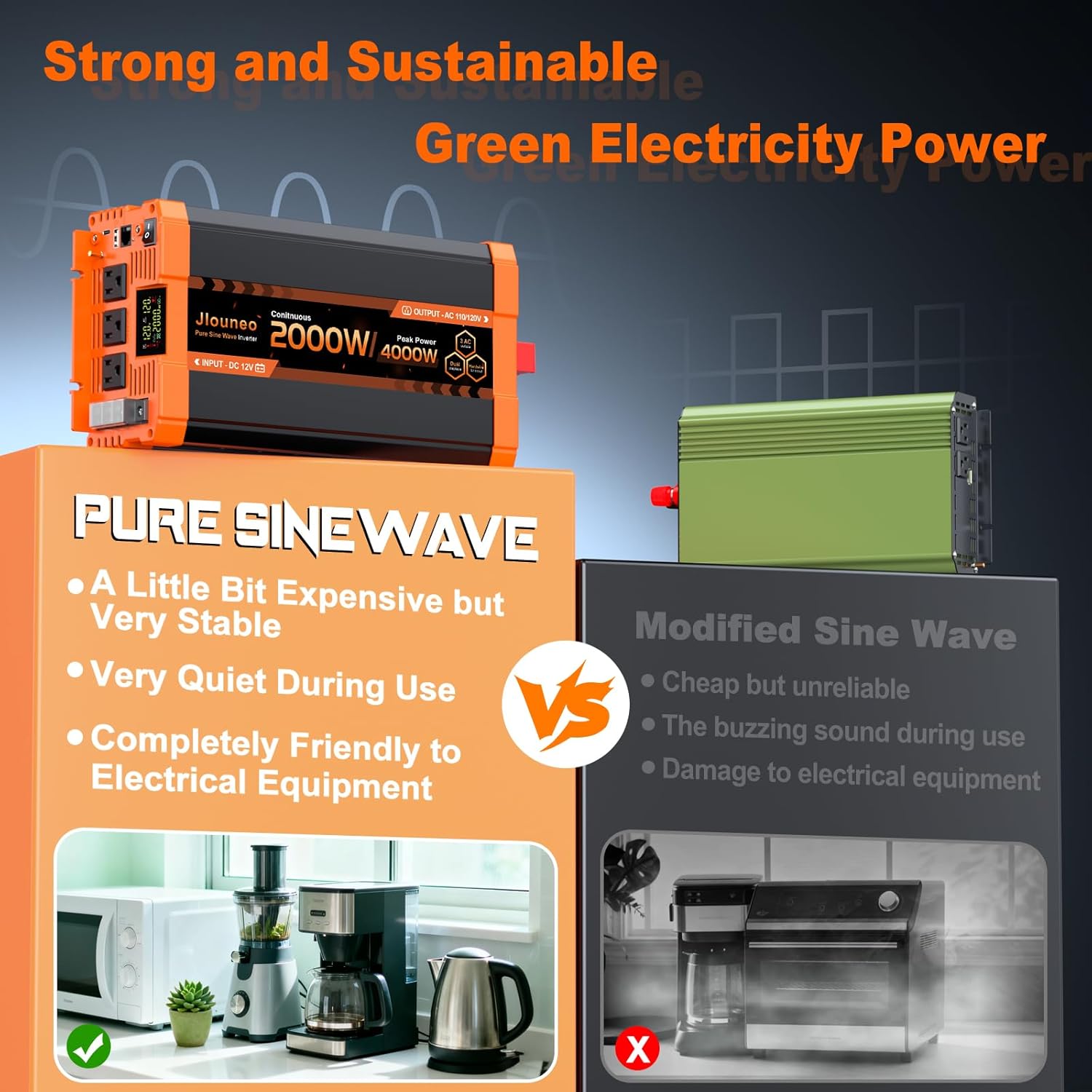 Thumbnail 6 de Jlouneo 2000W Pure Sine Wave Inverter: 12V DC to 120V AC for RV, Truck, and Off-Grid Power