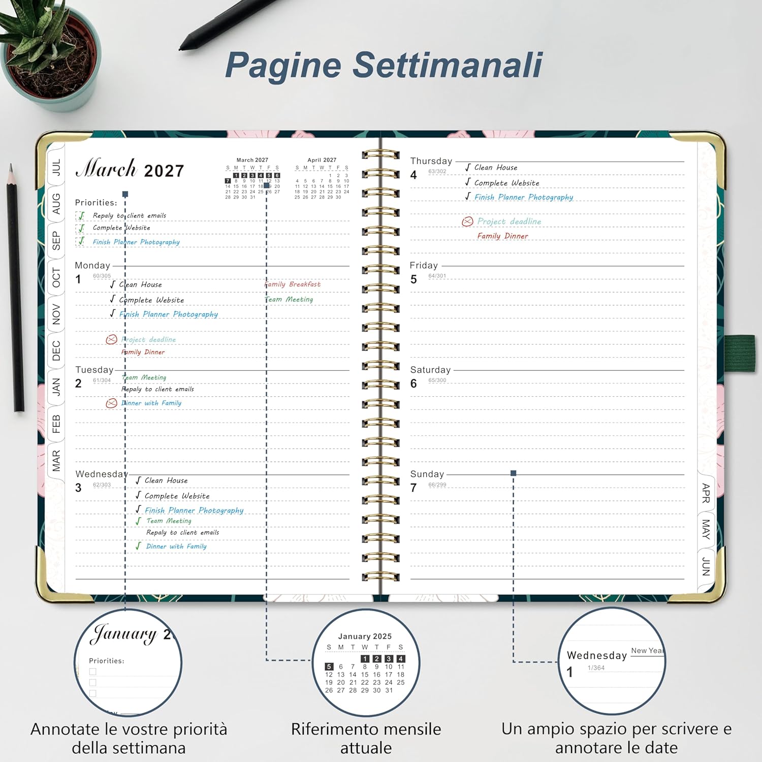 Detalle de Gumiho Agenda Settimanale 2026‑2027 – A5 Spirale con Penna, Segnalibro e Righello
