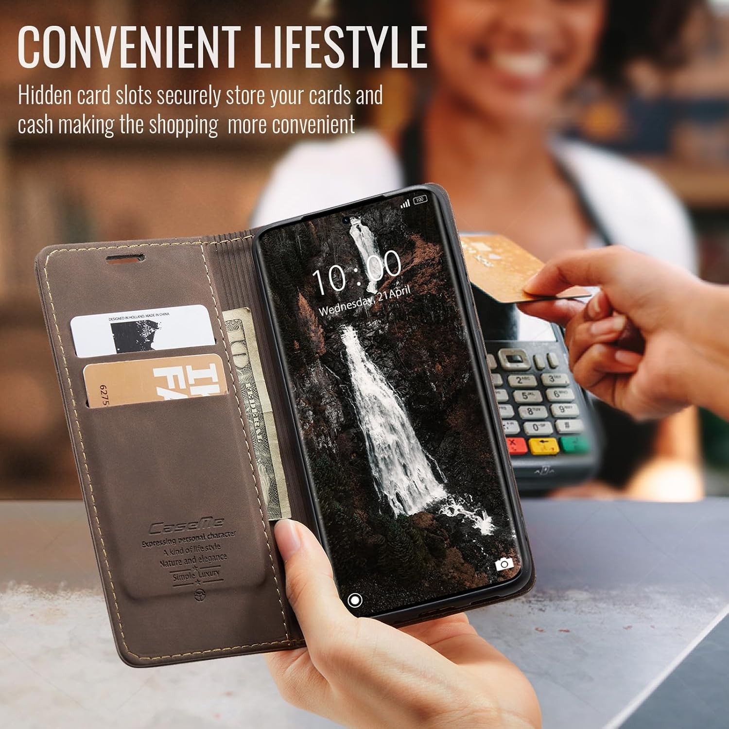 Detalle 2 de Phernykas Lederhülle mit Kartenfach für iPhone 5/5S – Magnetischer Klappschutz, Standfunktion, Kaffee