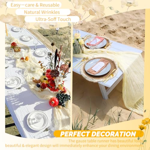 Detalle de Showgeous Lote de 4 Caminos de Mesa de Gasa Beige 45x275 cm – Boho rústico para bodas y eventos