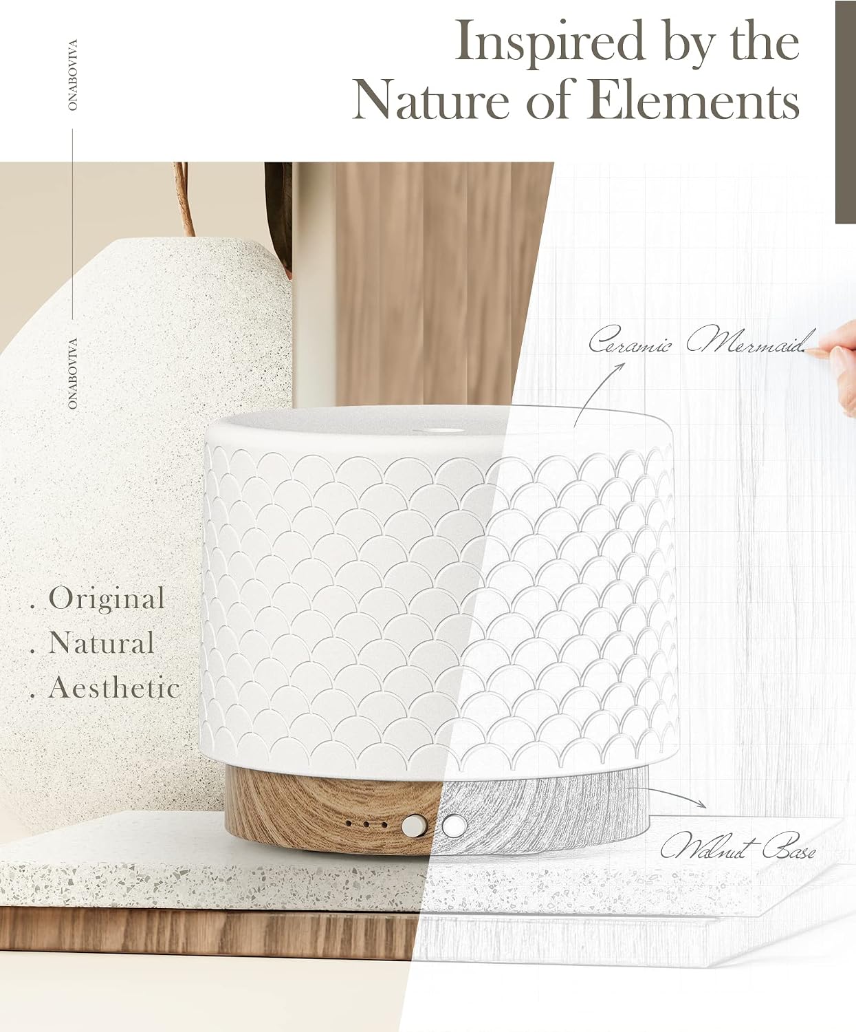 Detalle 2 de Onaboviva M5 Ceramic Essential Oil Diffuser, 280 ml Cool Mist with Timer