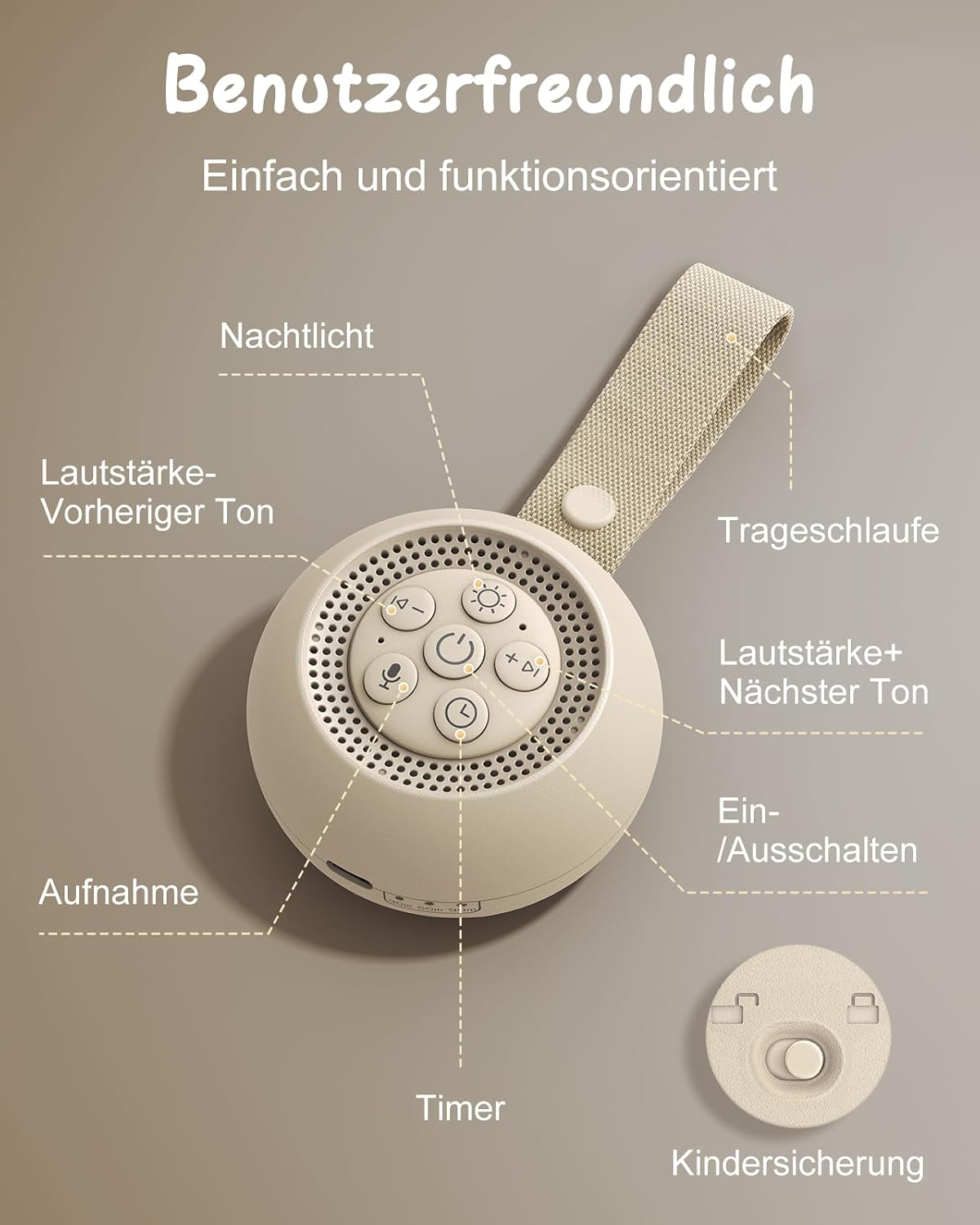 Detalle 2 de Babacom Tragbare White Noise Machine Baby mit Sprachaufzeichnung – 15 beruhigende Geräusche, Nachtlicht, Timer und USB-C