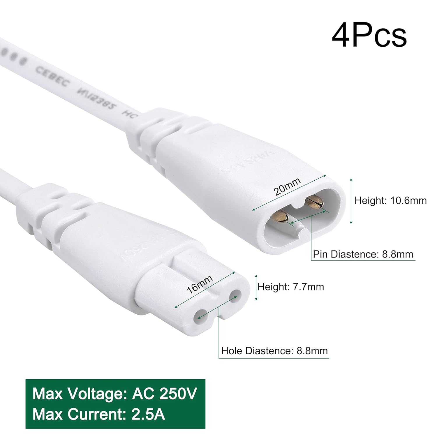 Thumbnail 1 de TA-VIGOR 4x LED Tube Connector Cable (50cm) – double-end extension lead for linking LED tube lights