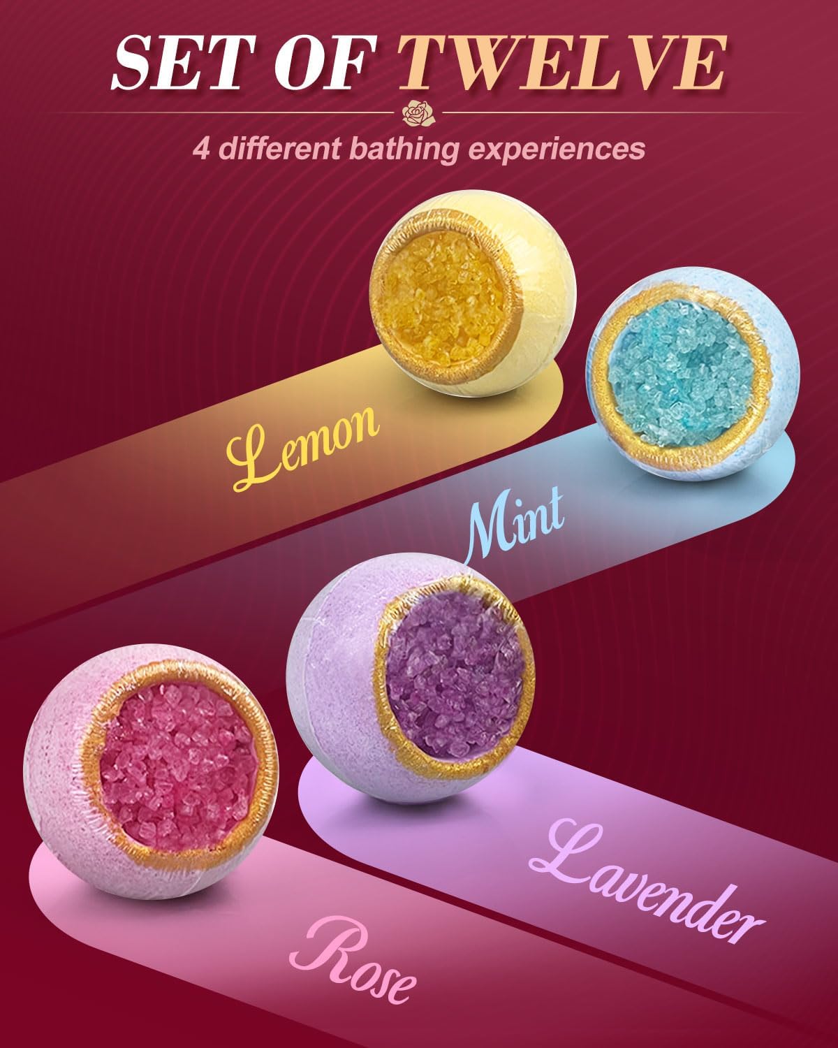 Detalle de Luxury Crystal Bath Bombs Gift Set for Women – 12 moisturising bath bombs with 4 scents