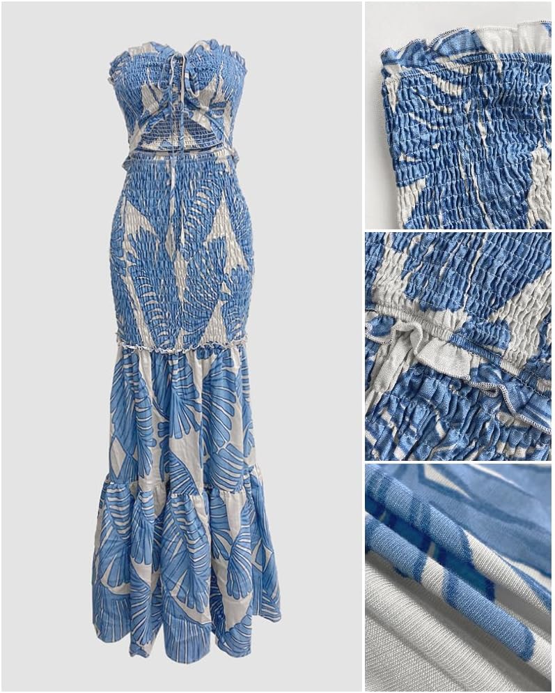 Detalle 2 de CHICME Floral Printed Vacation Dress Halter Tie Ruched Shirred Bandeau Party Dress