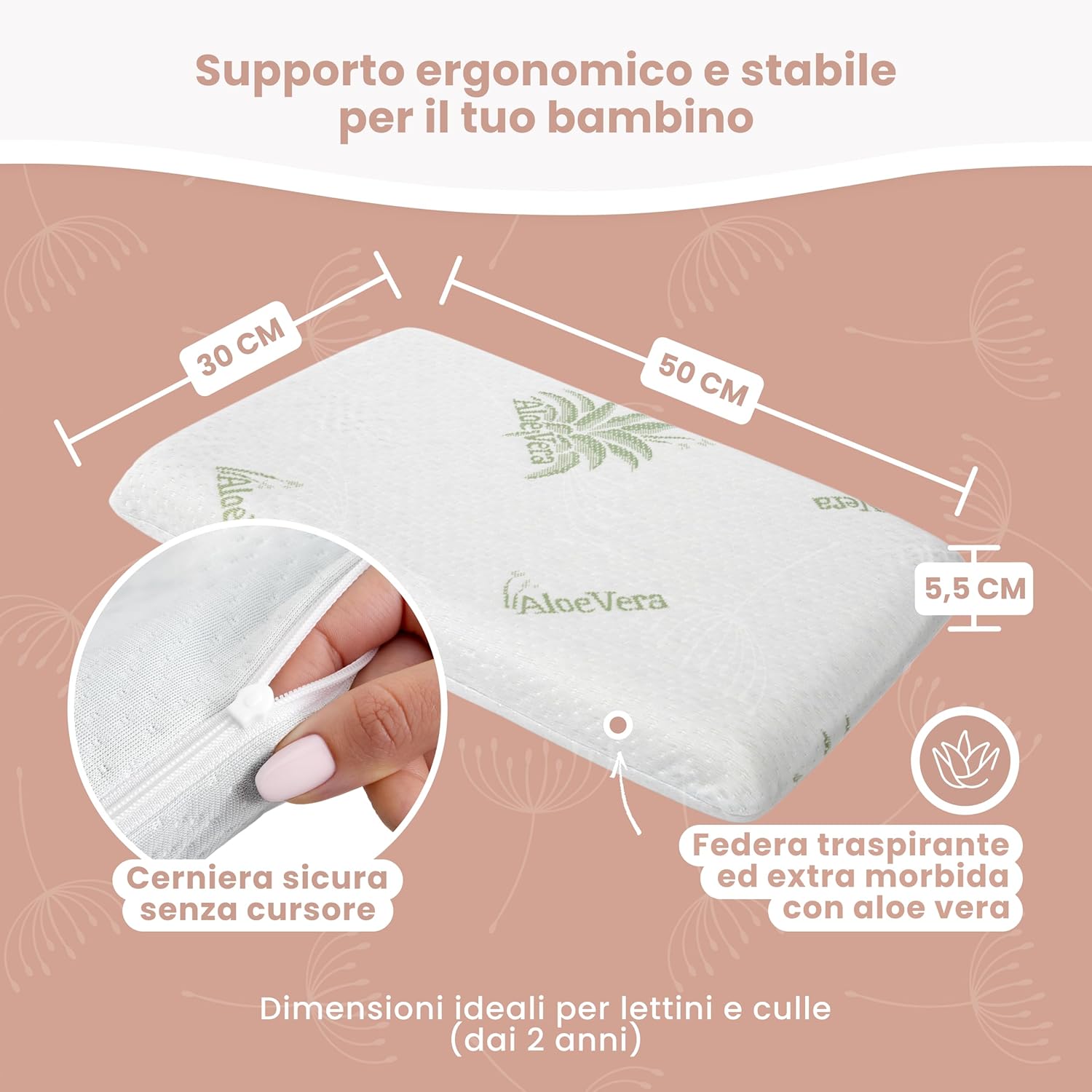 Thumbnail 1 de MIMUSELINA Cuscino Memory Foam Bambini 50x30x5,5 cm con federa Aloe Vera sfoderabile e lavabile