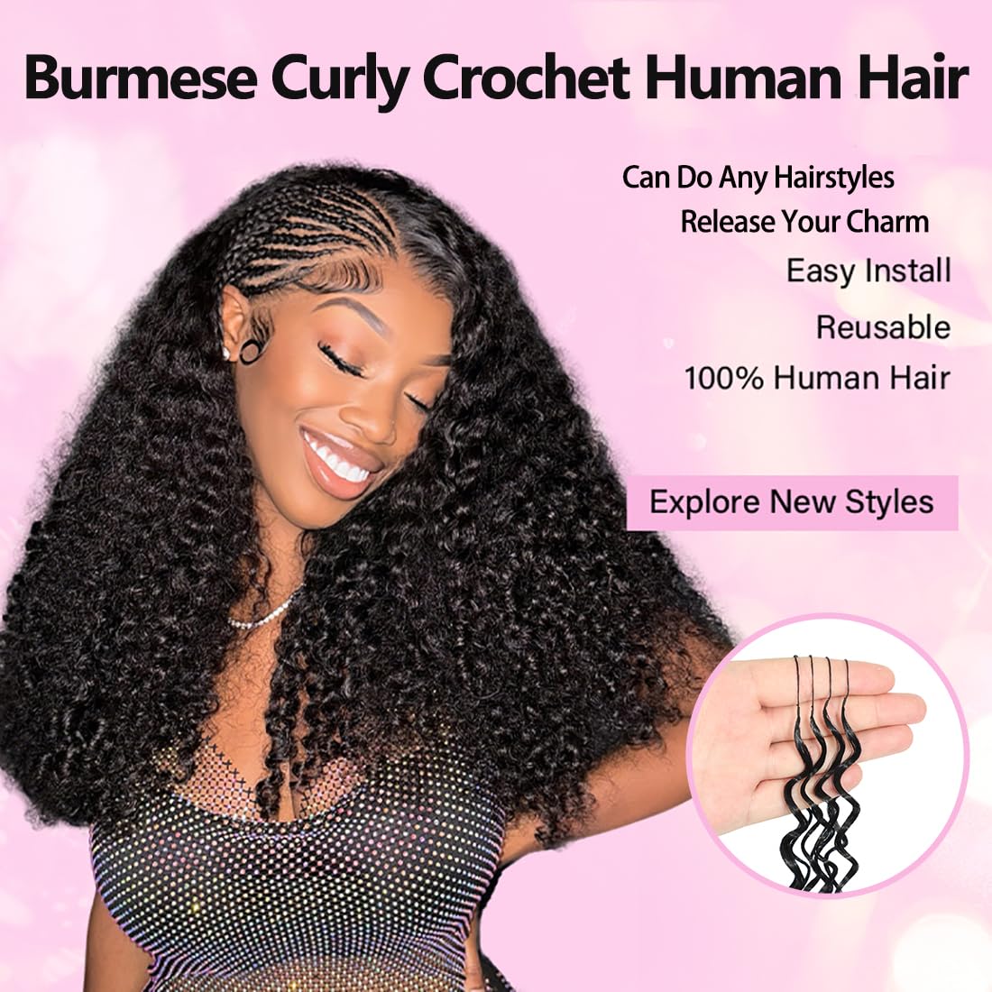 Detalle de Human Crochet Hair 20 Inch Burmese Curly, 60g Bundle — Knotless, Pre-Separated, Lightweight & Reusable