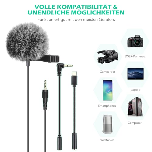 Detalle de AGPTEK Lavalier Mikrofon, 2 m Mini Omnidirectional Kondensator – kompatibel mit Smartphone, PC und DSLR
