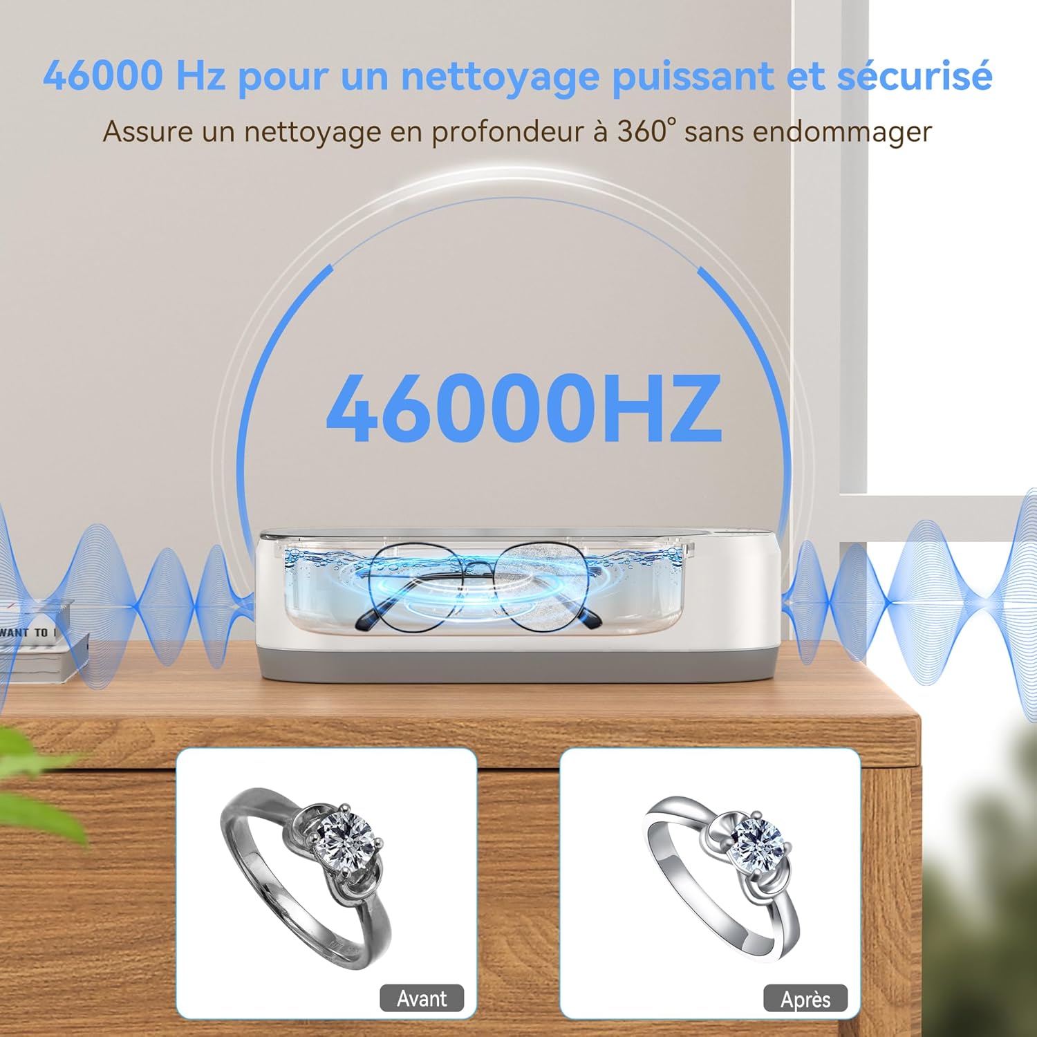 Detalle de Nettoyeur à ultrasons 350 ml – Appareil de nettoyage professionnel pour bijoux et lunettes (46 kHz, acier inox 304, portable)