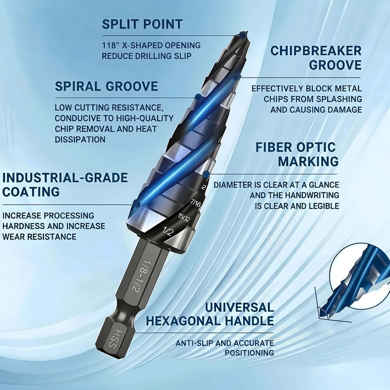 Thumbnail 3 de KASAFE Step Drill Bit - Precision 4-Flute Spiral, M35 Cobalt HSS TiAlN Coated, 1/8"-1/2", Hex Shank