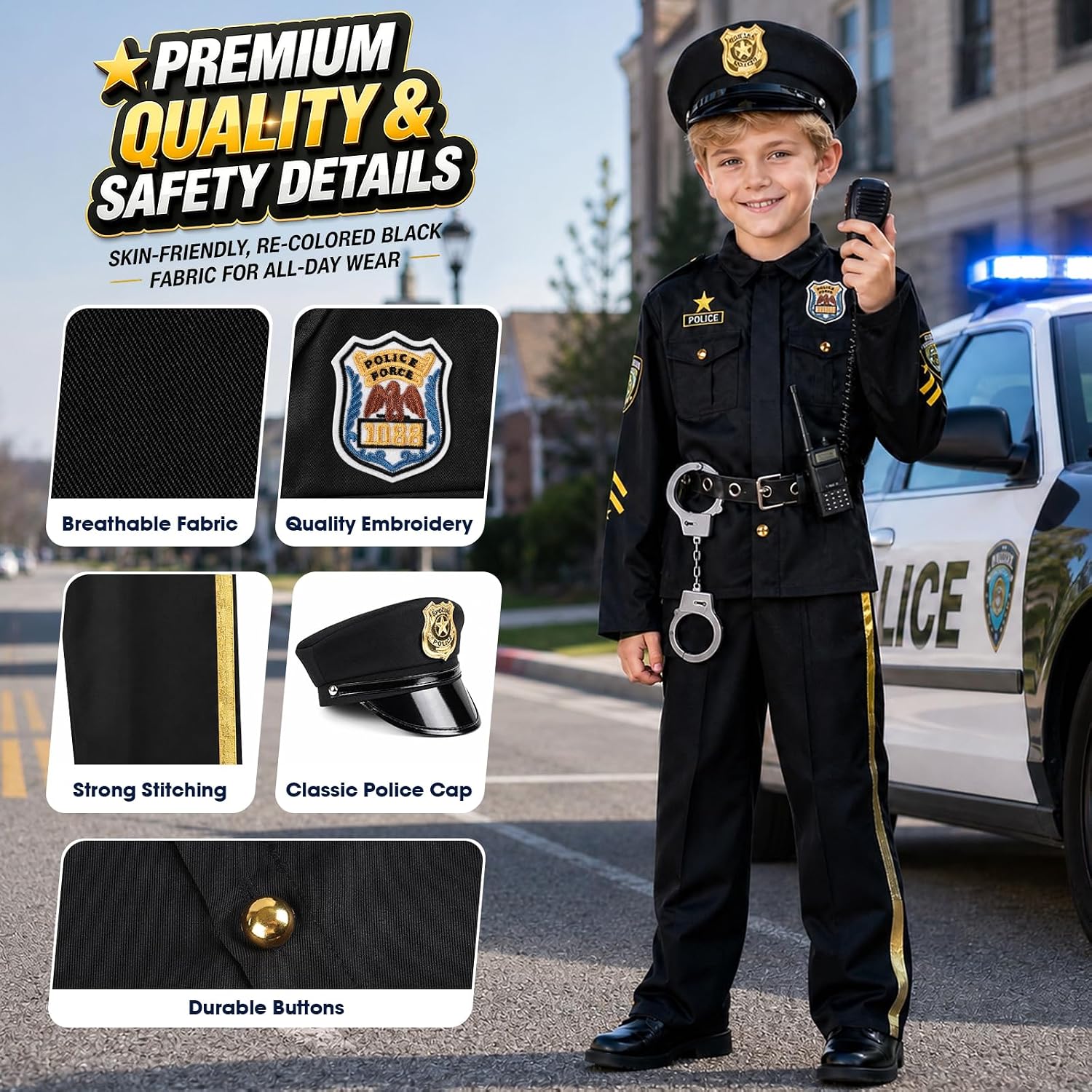 Thumbnail 2 de Joycover Kids' Police Officer Costume, Size S (4–5Y), Black Uniform and Accessories