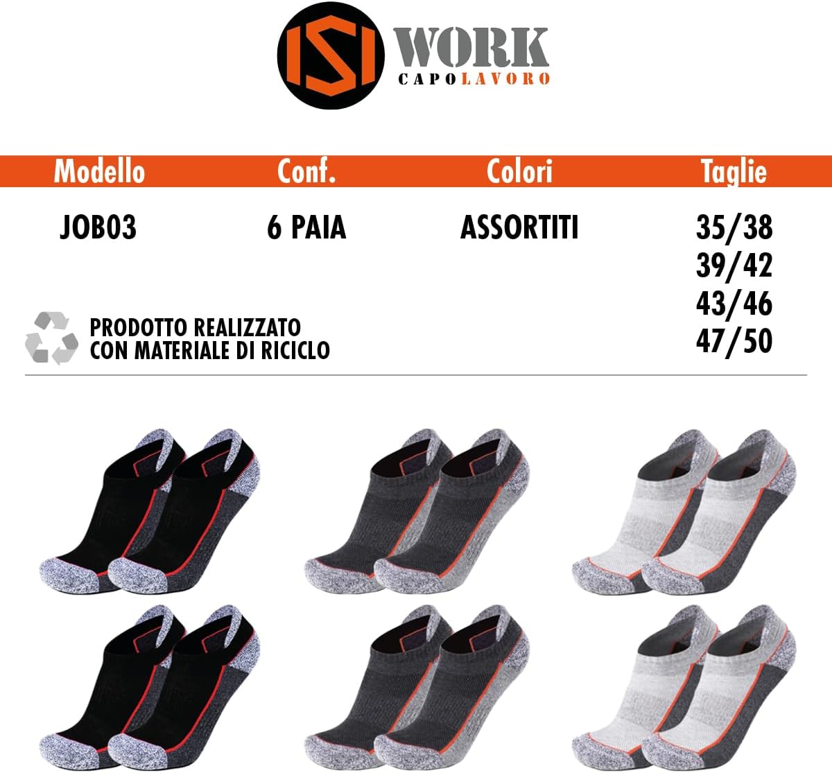 Detalle de ISI WORK | 6 Paia Calze da Lavoro Rinforzate e Traspiranti per Scarpe Antinfortunistiche