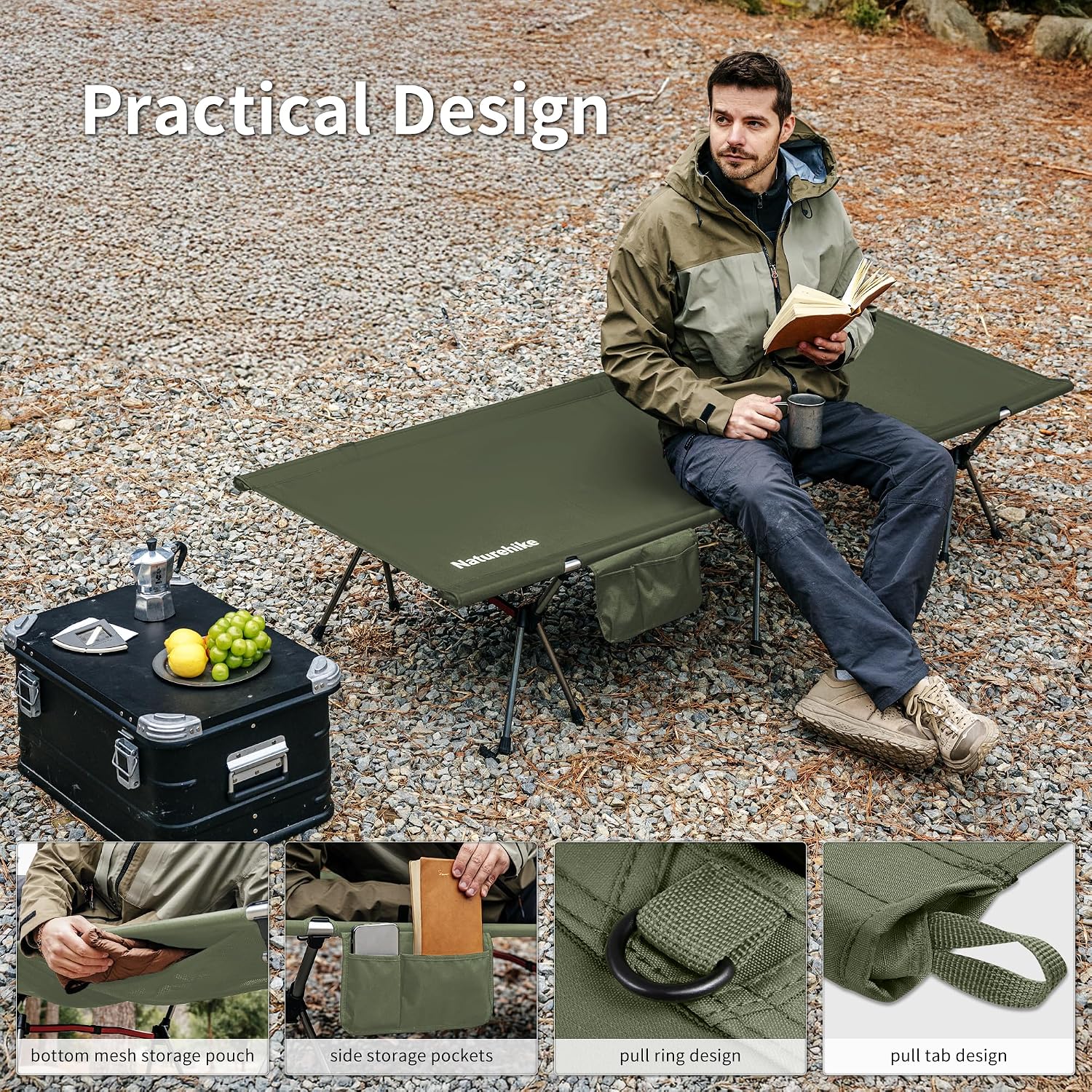 Detalle de Naturehike NH19JJ006 hopfällbar campingsäng 190 × 70 cm, grön