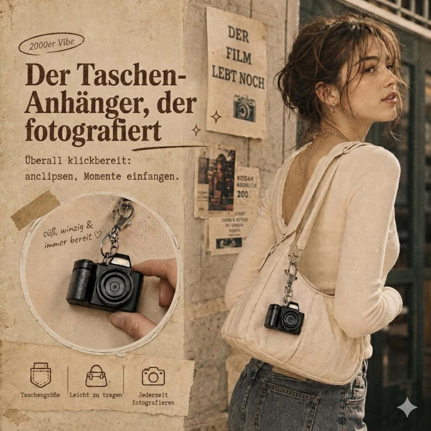 Detalle de MaxMango Mini Schlüsselanhänger Digitalkamera – Retro-Kamera mit 1,3 Zoll, 1080P und 64 GB Speicher (Schwarz)