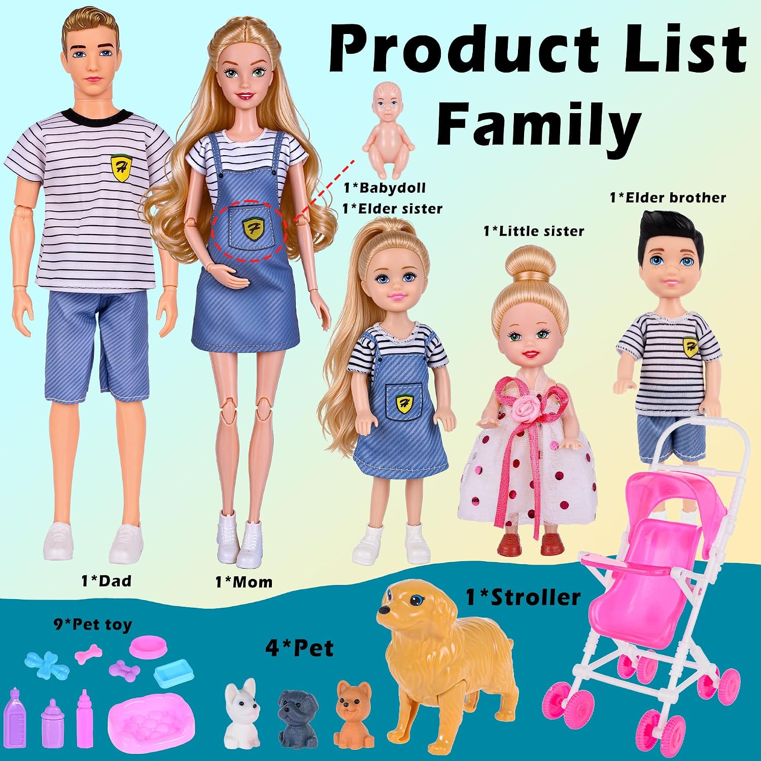 Detalle 2 de dollbie DBLD11 Family Doll Playset with Baby Stroller, Kids and Pets