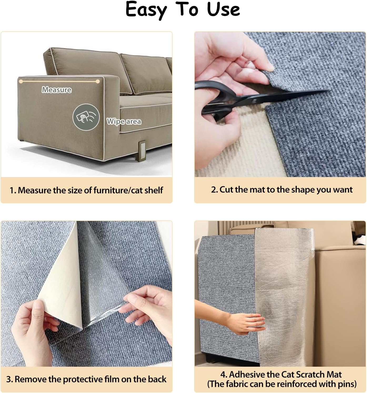 Detalle de NATUYA Cat Scratcher Mat Self-Adhesive, 200x40cm — Durable, Trim-to-Fit Furniture Protector and Wall Scratcher (Drak Gray)