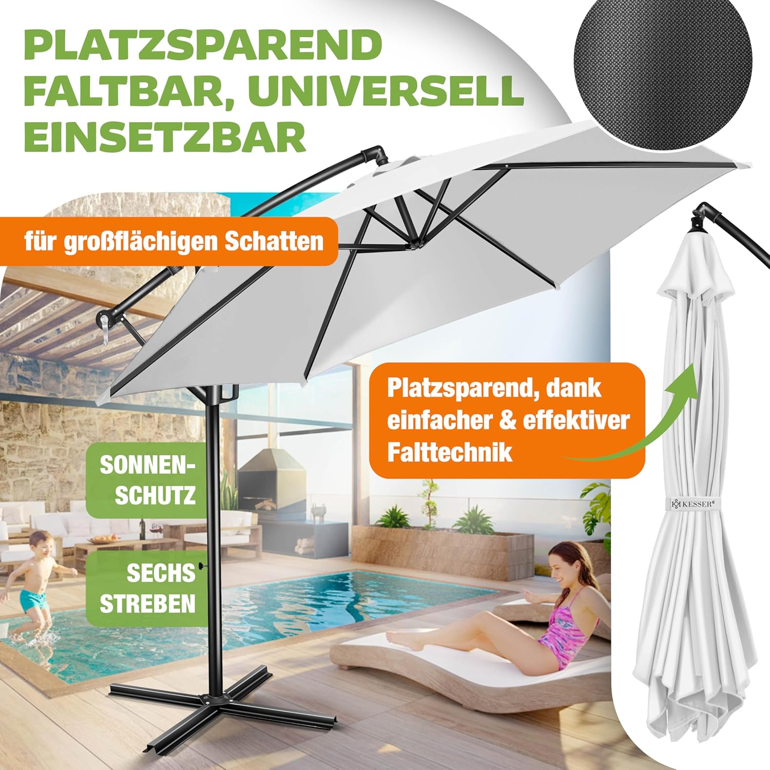 Thumbnail 3 de KESSER® Ampelschirm Ø 300 cm – Belüfteter Sonnenschutz aus Alu mit Kurbel, 360° Rotation, Weiss