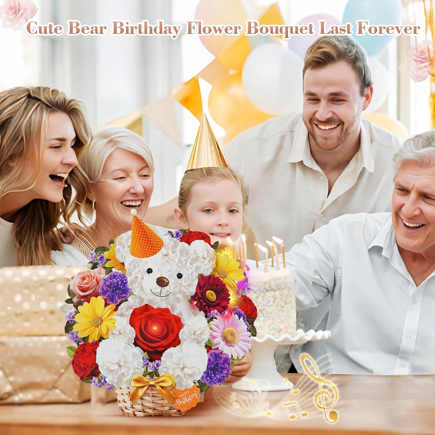 Detalle de WUJUN Bear & Daisy Pop-Up Birthday Card with Music & Lights (10 inch flower bouquet)