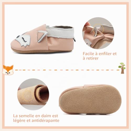 Detalle de IceUnicorn Chausson Bébé Cuir Souple Renard Rose – 12-18 mois