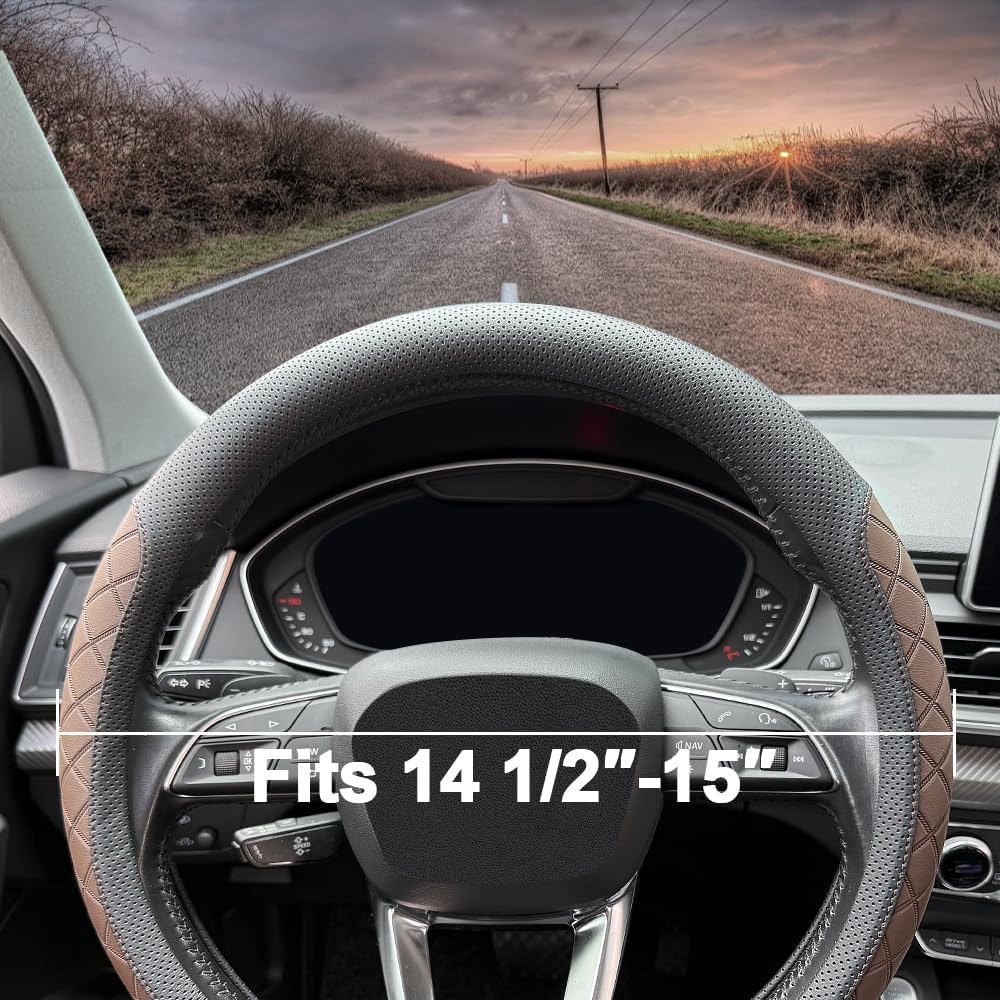 Thumbnail 3 de LKWLIKEI Nappa Leather Steering Wheel Cover with Elegant Diamond Checkered Design