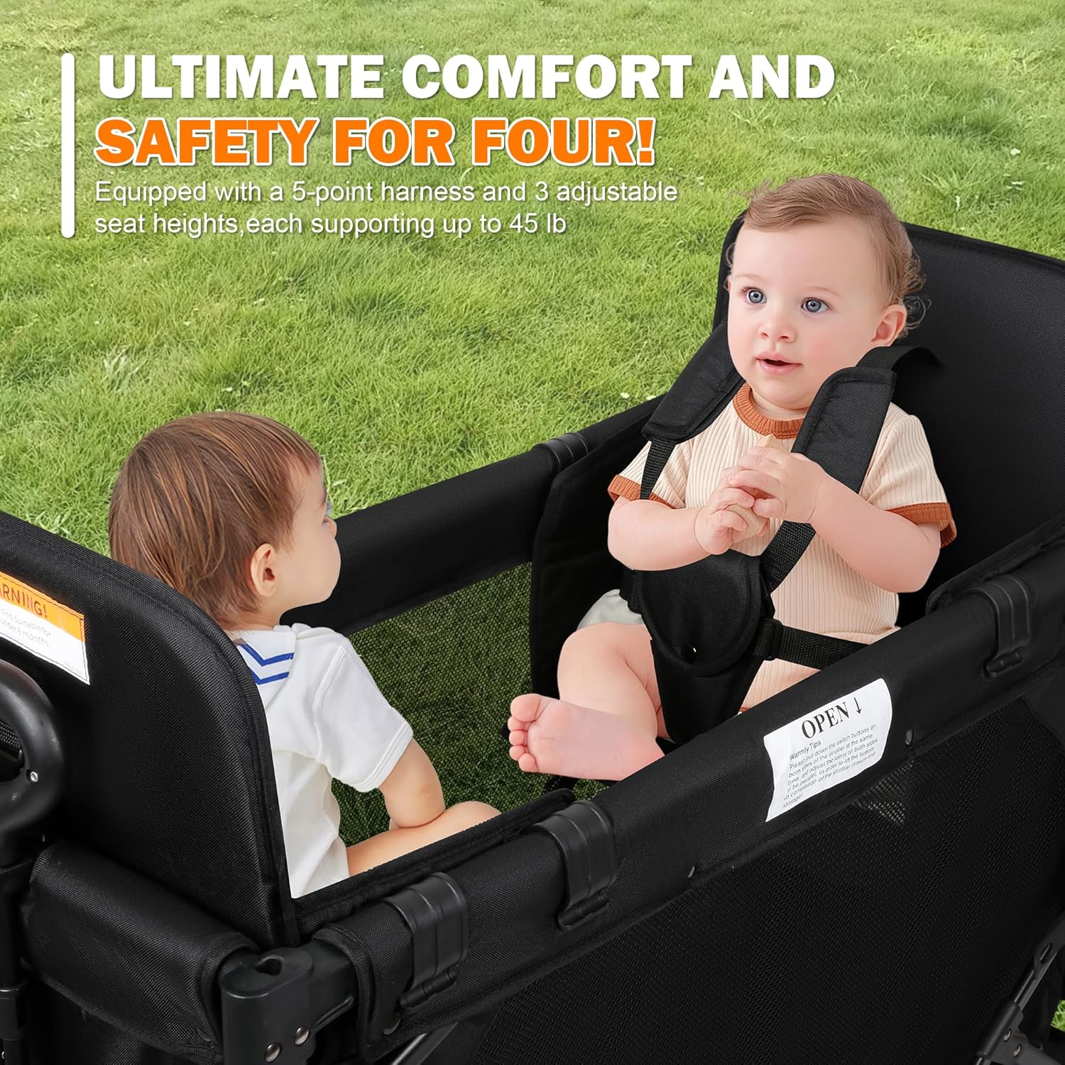 Thumbnail 2 de Wagon Stroller for 2 Kids, High Seat & 5 Point Harness - All-Terrain Foldable Wagon with Canopy (Black, W2-M)