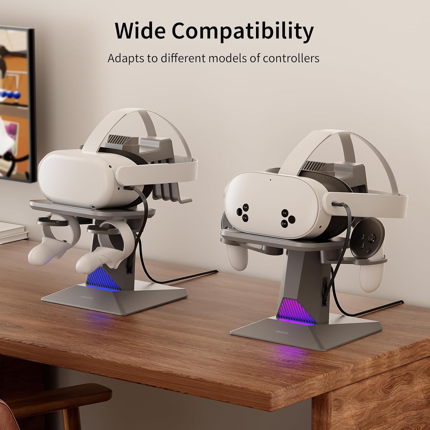 Detalle de ANNAPRO CD1 Charging Dock for Meta Quest 3S/3 and Quest 2 with Retractable Cable and RGB Lighting