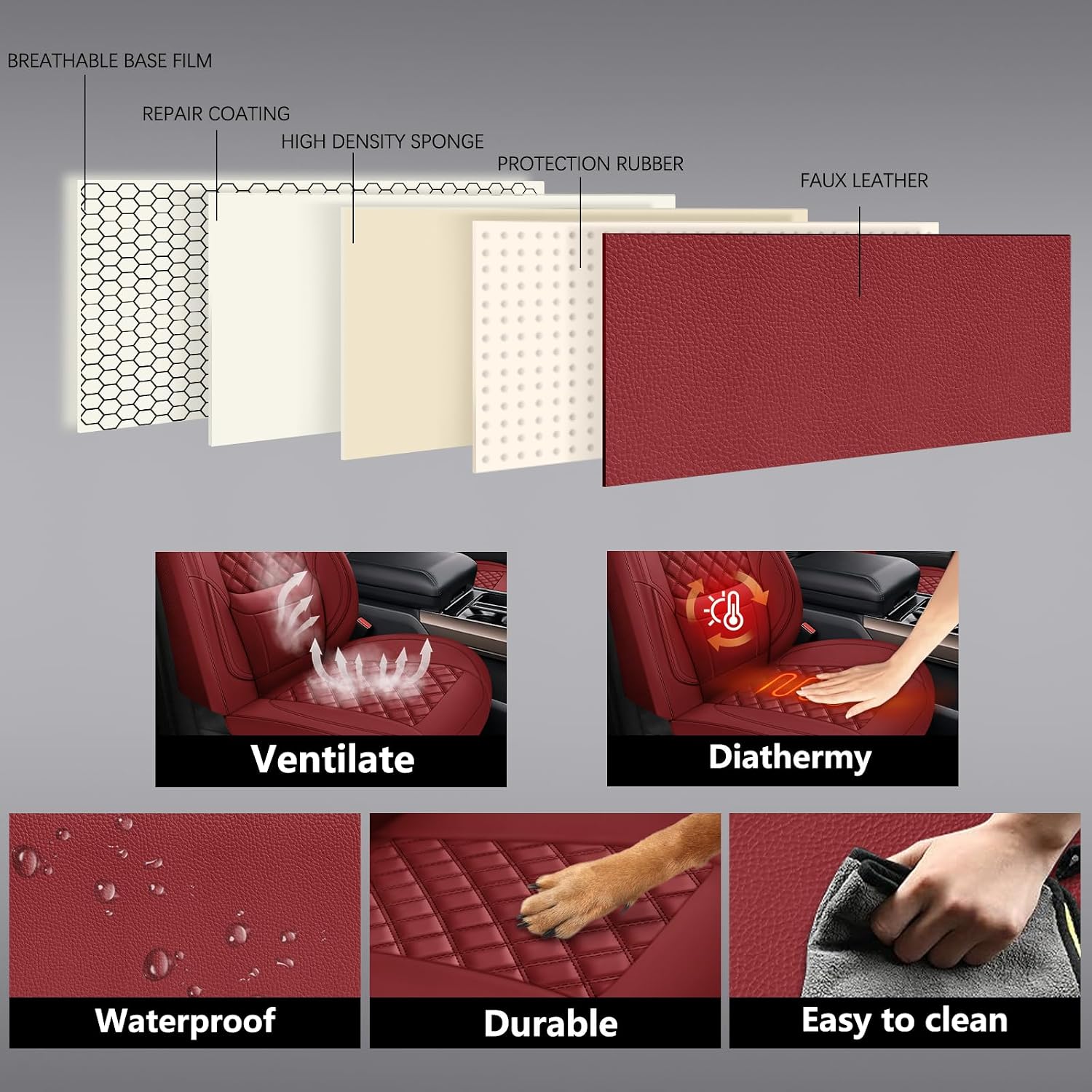 Thumbnail 6 de CHOCMONS Car Seat Covers Full Set (Universal Fit) in Wine Red — Faux Leather, Airbag-Compatible