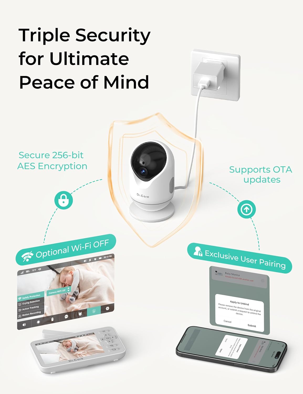 Detalle 2 de Dr.Care VistaView Lite Smart WiFi Baby Monitor with 2 Cameras (4” 720P Split Screen, 1080P App Control)