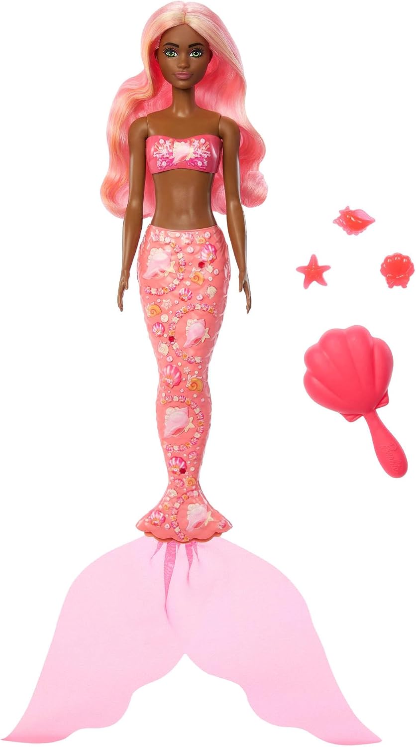 Detalle de Barbie Color Reveal Meerjungfrauen-Puppe mit 6 Überraschungen – Farbwechsel, Anhänger & Accessoires