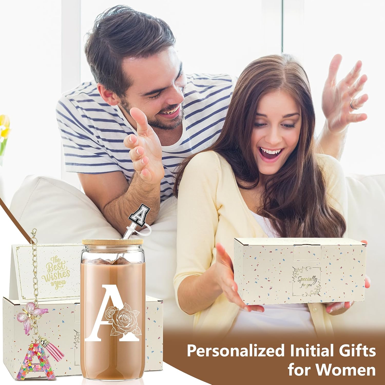 Thumbnail 5 de ZIOSINM A-Z Buchstaben personalisierte Geschenke für Frauen – Glasbecher mit Deckel, Strohhalm und Accessoires (A)