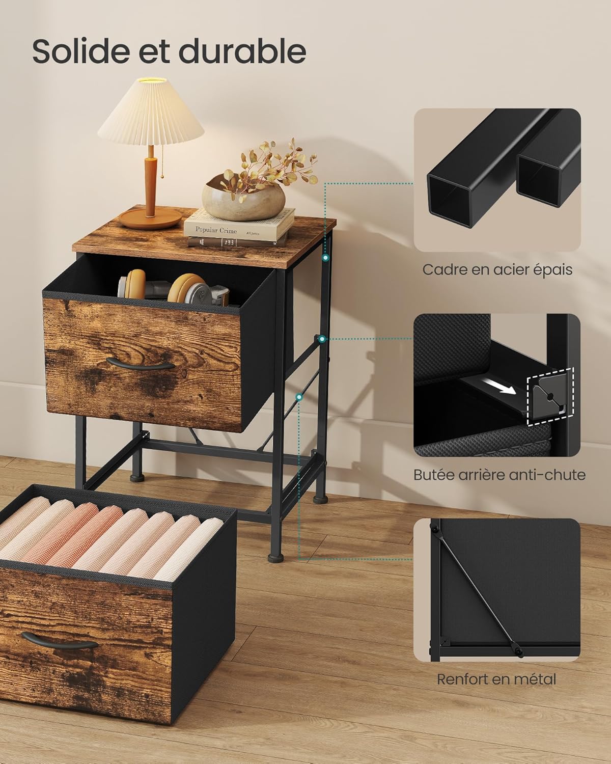 Detalle de SONGMICS BELLAH Collection – Table de Chevet 2 tiroirs, cadre en acier, style industriel (Marron Rustique & Noir d’Encre) LGS112KD01