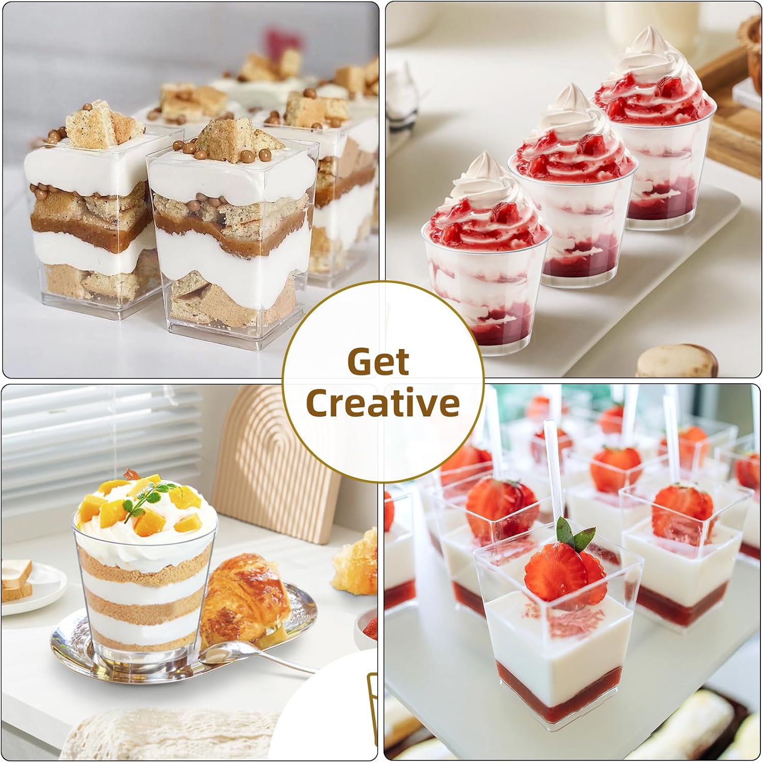 Detalle 2 de DI QIU REN Clear Dessert Cups, 7 oz Round and 5 oz Square, with Lids & Spoons