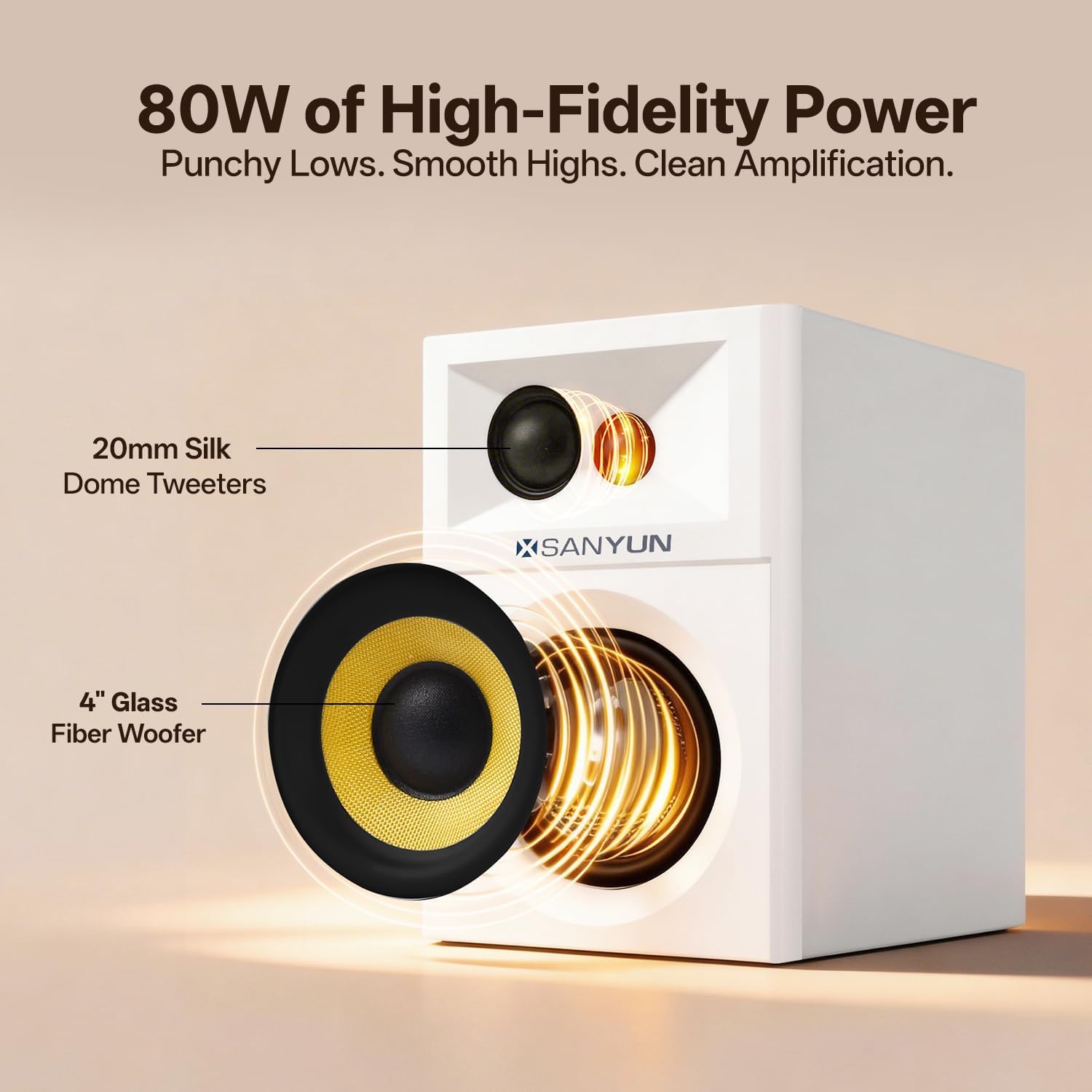 Detalle 2 de Sanyun SW205 4" 80W HiFi-Regallautsprecher – kompakter 2.0 Aktivmonitor mit verbessertem 3D-Soundfeld