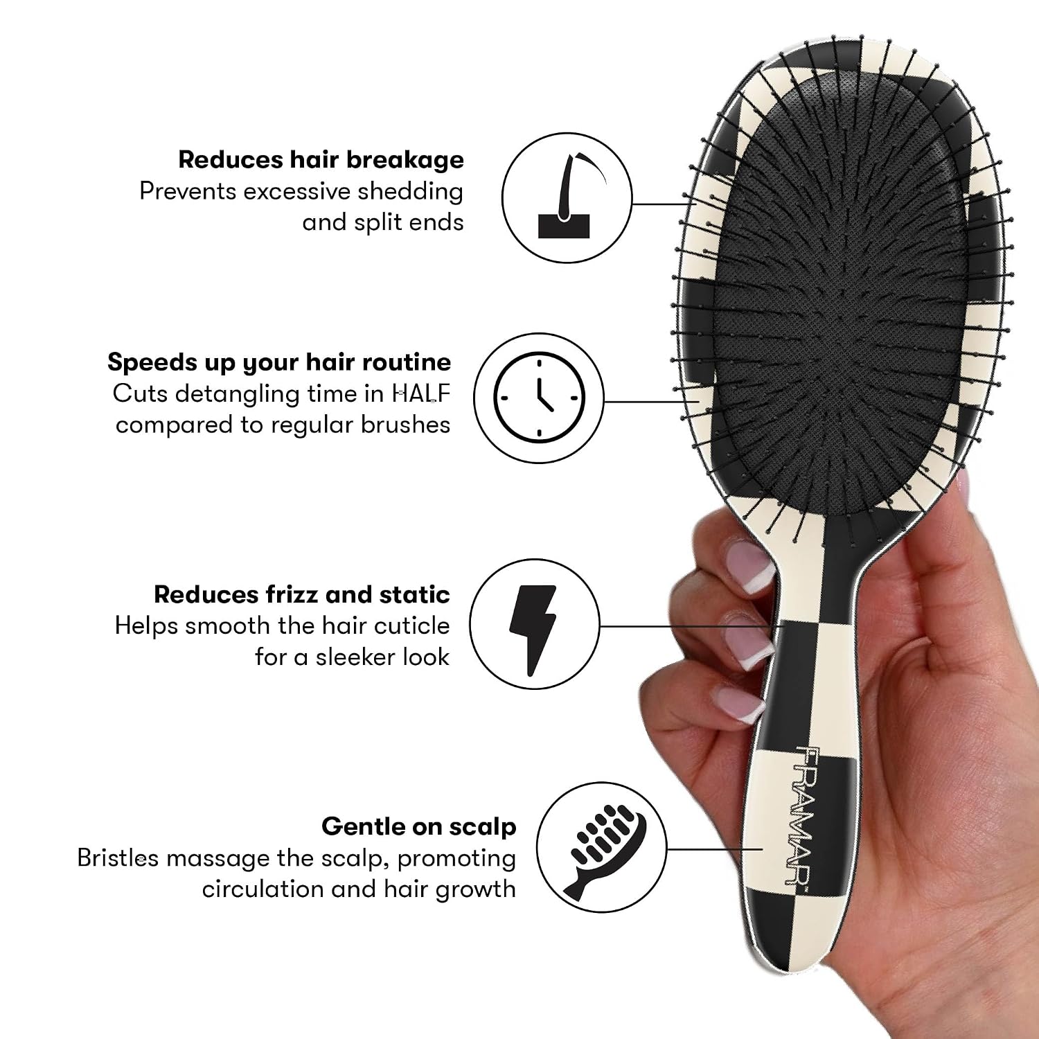 Detalle de FRAMAR Checkered Print Hair Brush Detangler – Wet Hair Brush for Women
