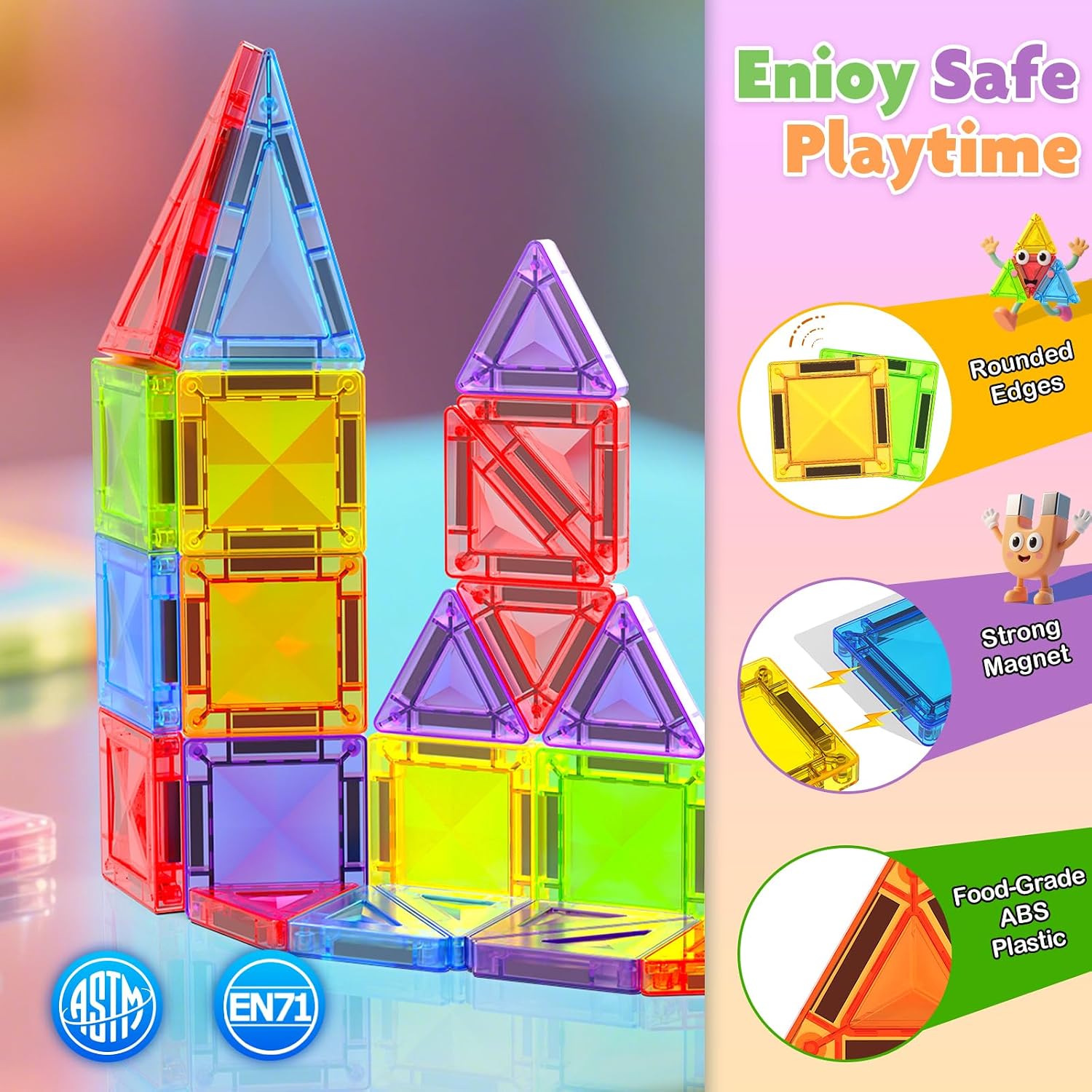 Detalle de Mini Magnetic Tiles 56-piece travel magnetic building blocks with metal box (sensory construction toy for ages 3+)