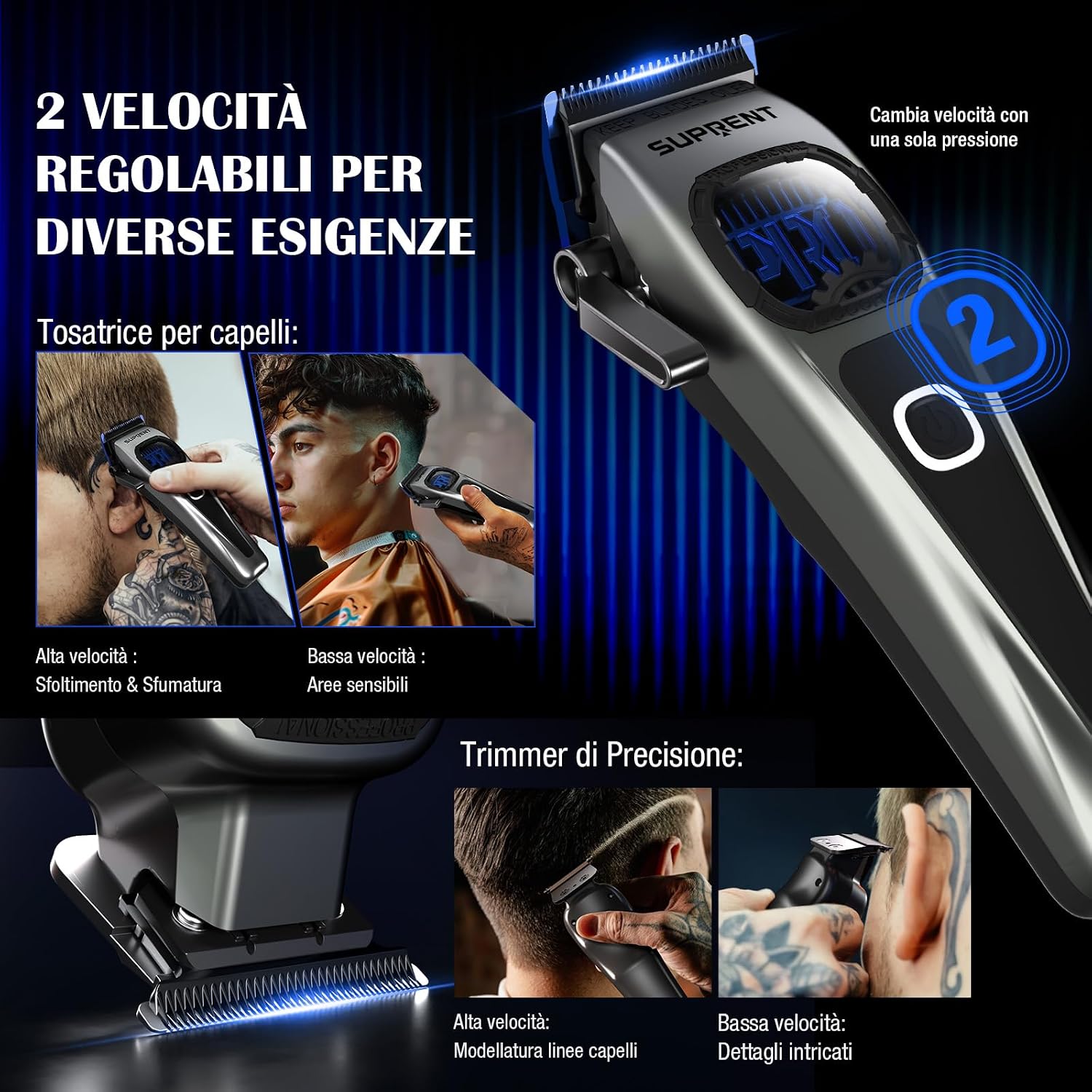 Detalle 2 de SUPRENT Set tagliacapelli professionale per uomo – taglio preciso, lama in titanio e batteria duratura